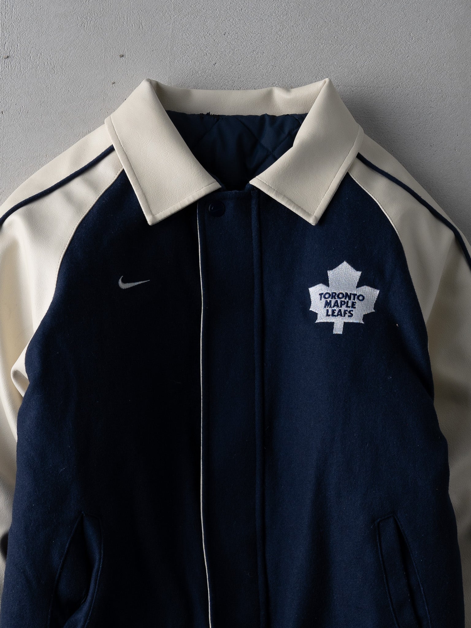 Vintage Y2K Blue + Cream Toronto Maple Leafs x Nike Leather Varsity Jacket (S)