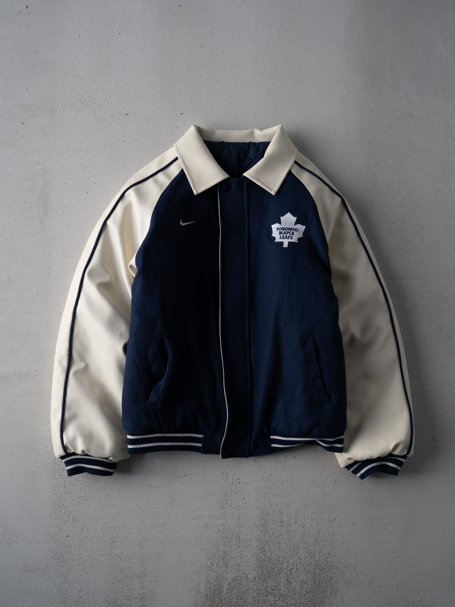 Vintage Y2K Blue + Cream Toronto Maple Leafs x Nike Leather Varsity Jacket (S)