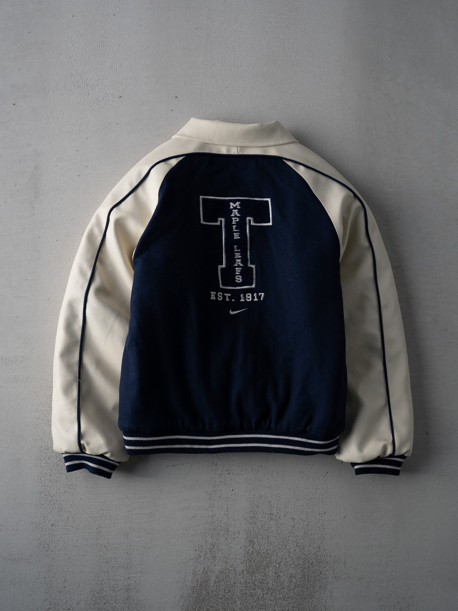 Vintage Y2K Blue + Cream Toronto Maple Leafs x Nike Leather Varsity Jacket (S)