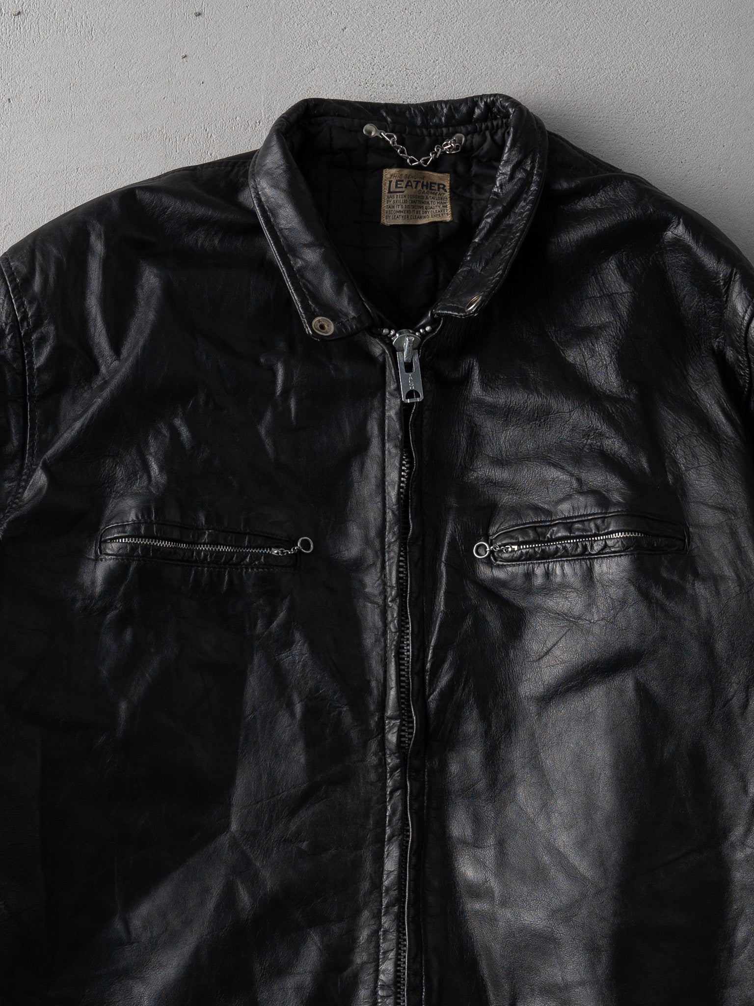 Vintage 1970s Black "Genuine Leather" Biker Jacket (M)