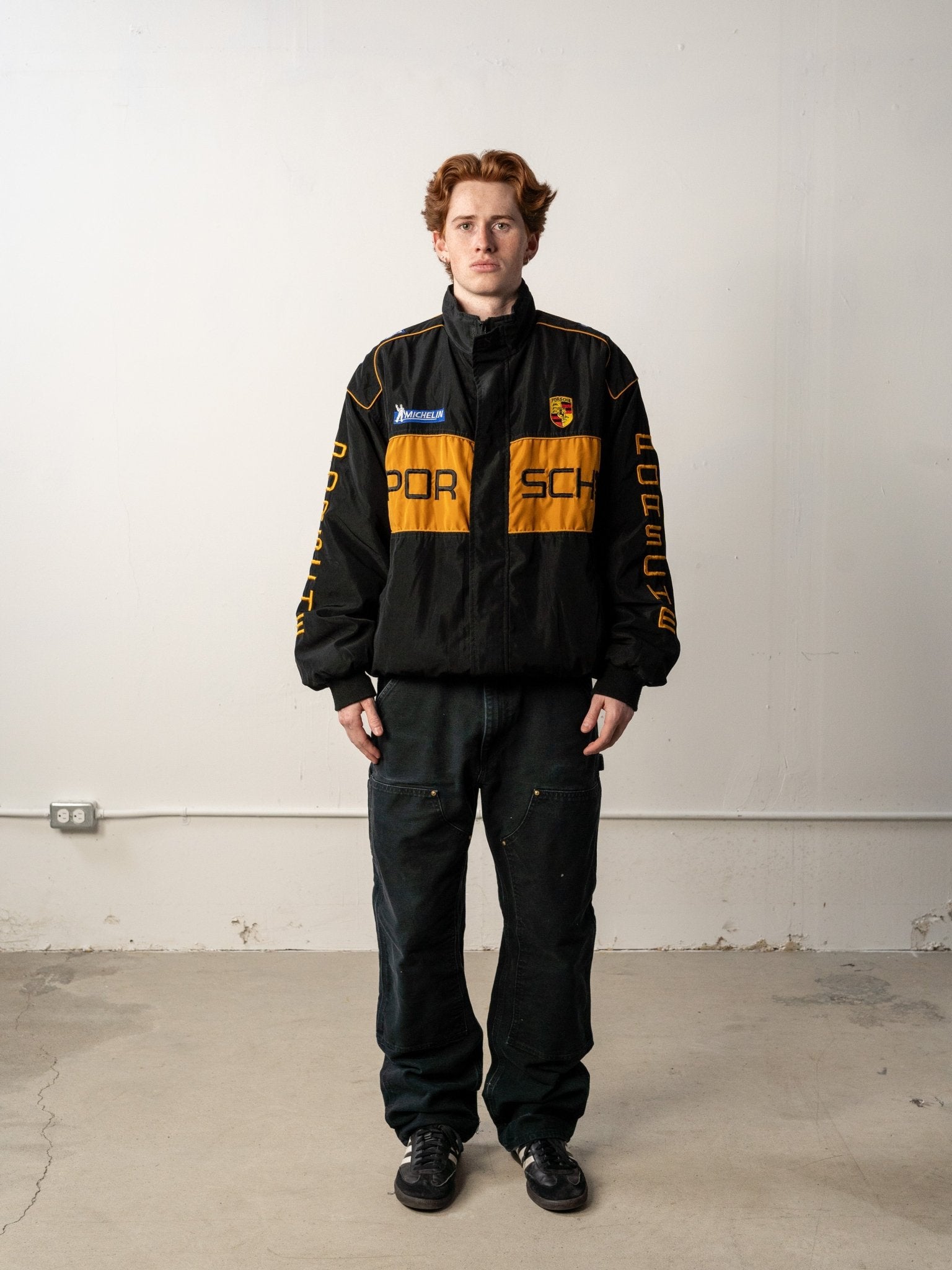 Vintage 90s Black & Gold Embroidered Porsche Racing Jacket (XL)