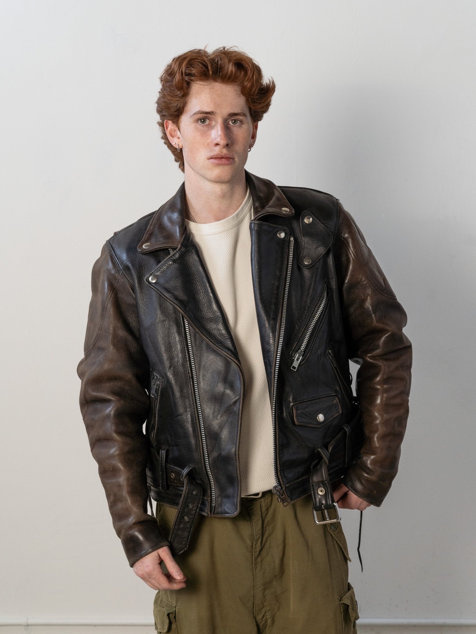 Vintage 80s Black & Brown Leather Biker Jacket (M)