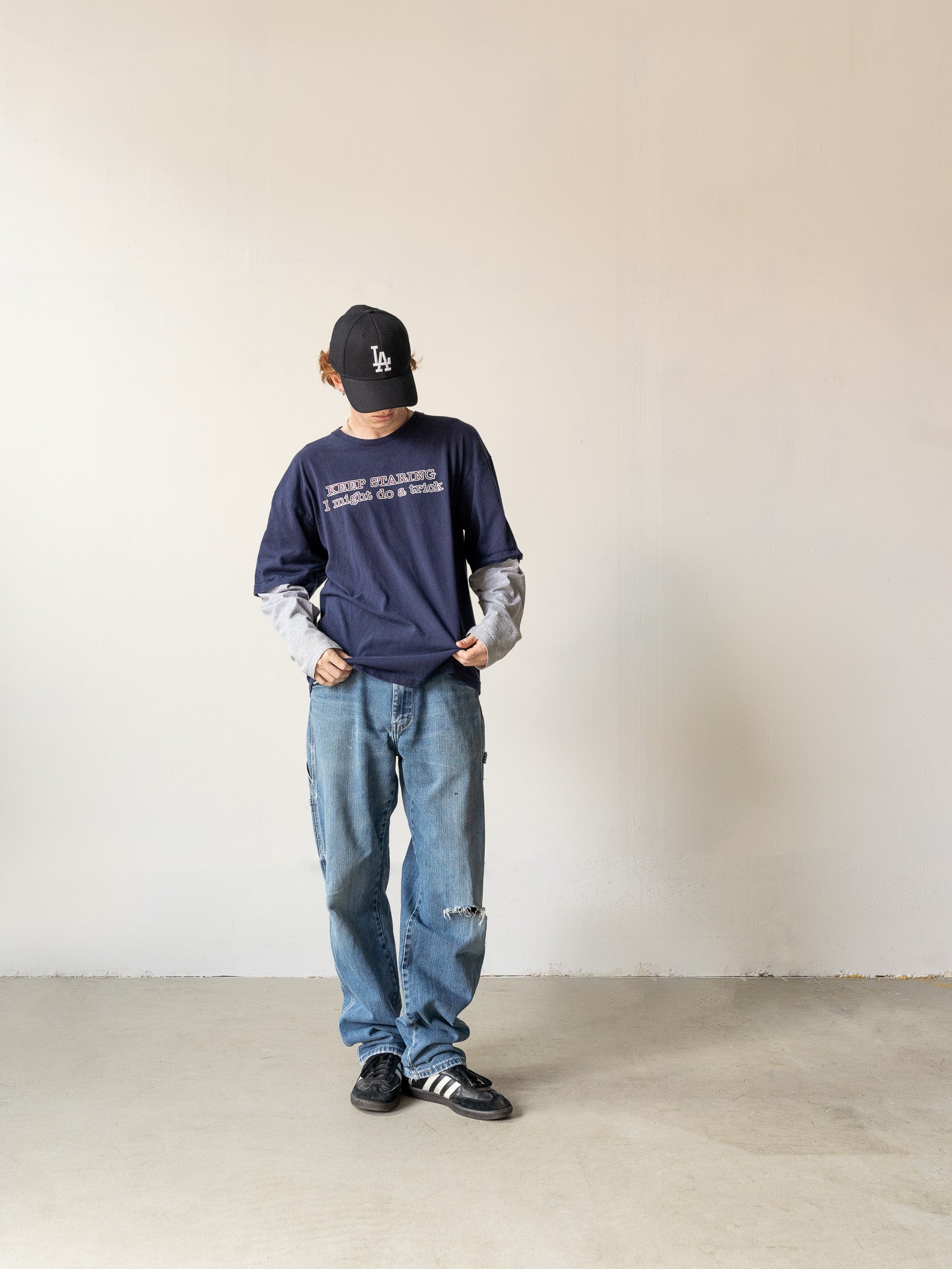 Vintage Y2K Navy and Grey "I Might Do A Trick" Long Sleeve (L)