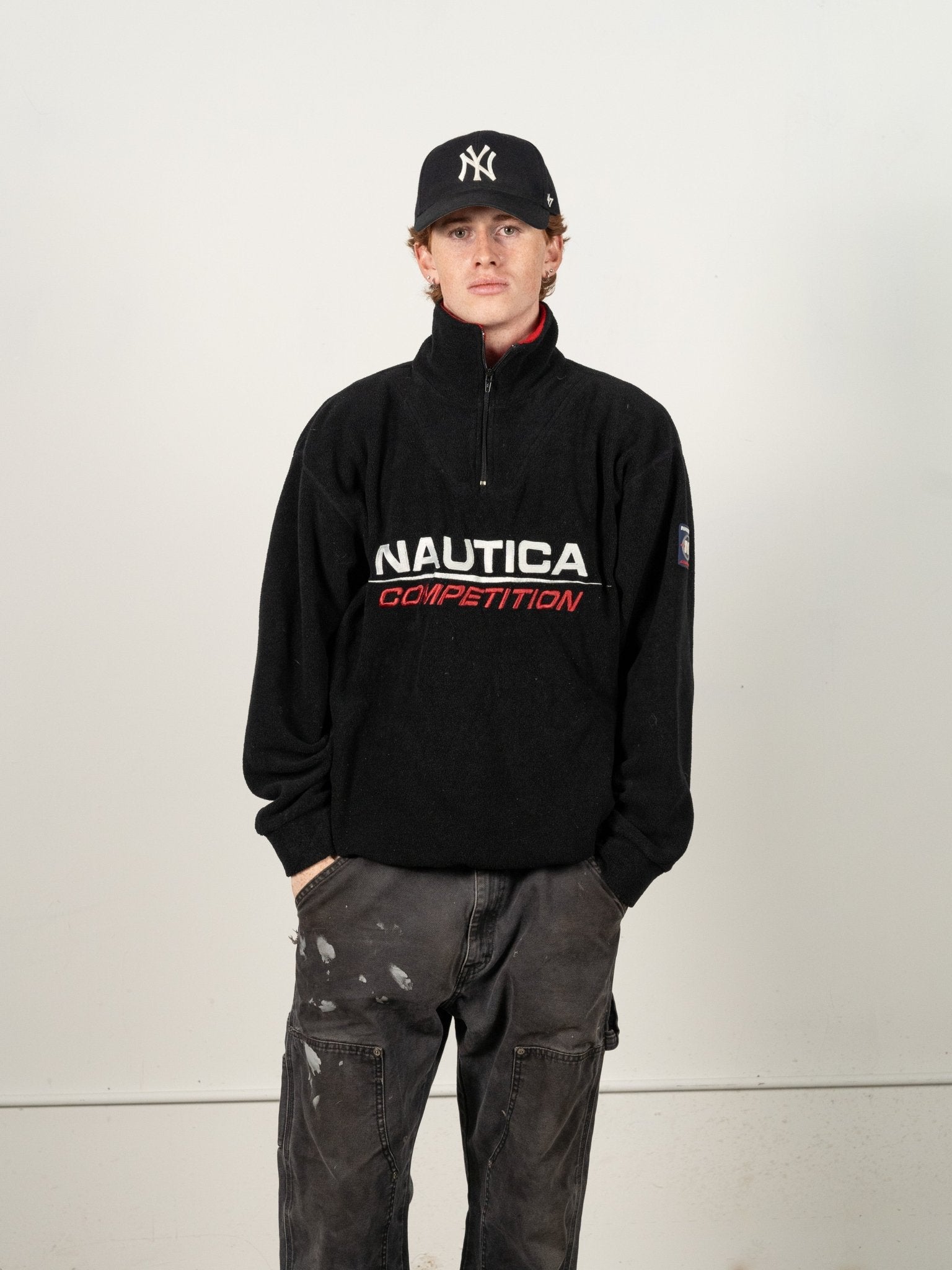 Vintage 90s Black Nautica Embroidered Quarter Zip Fleece Sweater (L)