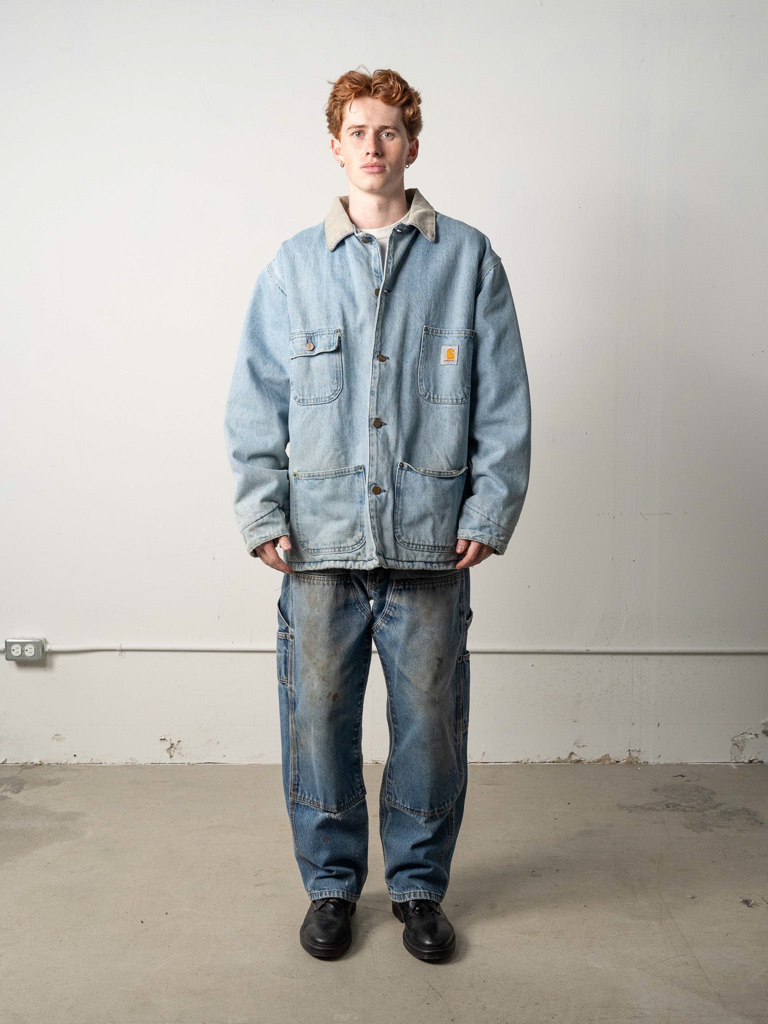 Vintage 90s Light Wash Carhartt Blanket Lined Denim Chore Jacket (XL)
