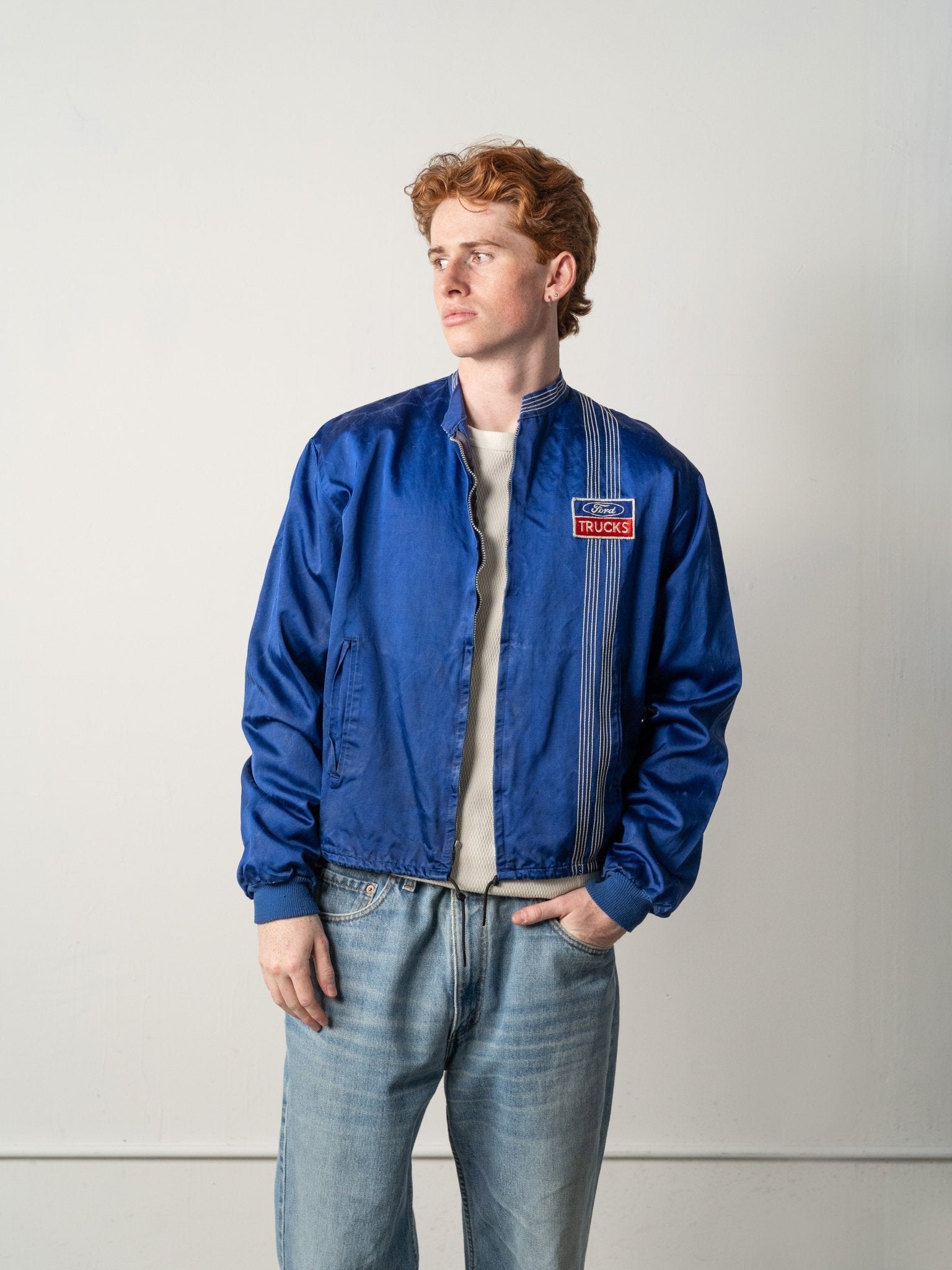 Vintage 70s Blue Ford Trucks Zip Up Work Jacket (M)