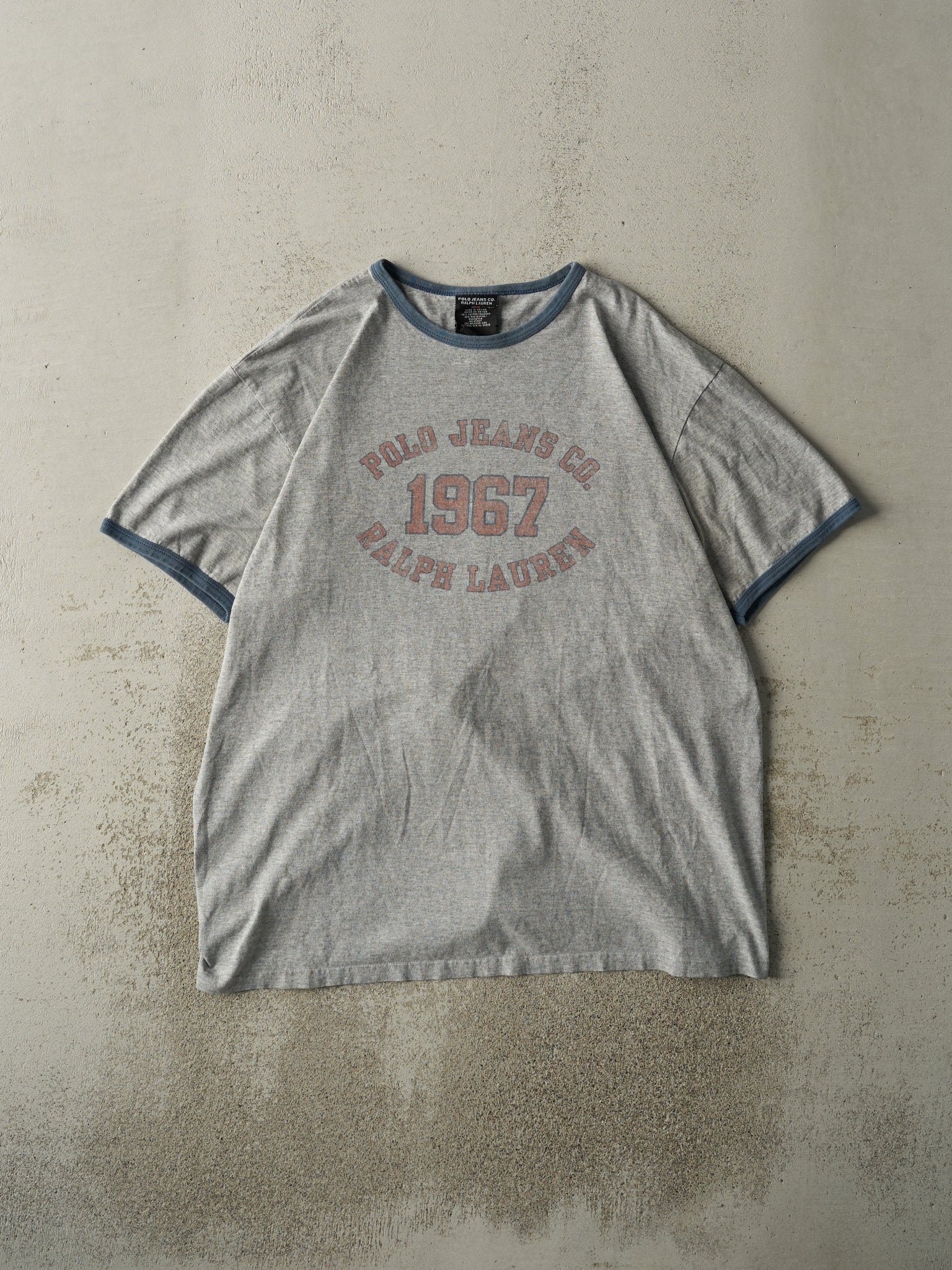 Vintage Y2K Grey & Blue Polo Jeans Co Ralph Lauren Ringer Tee (L)