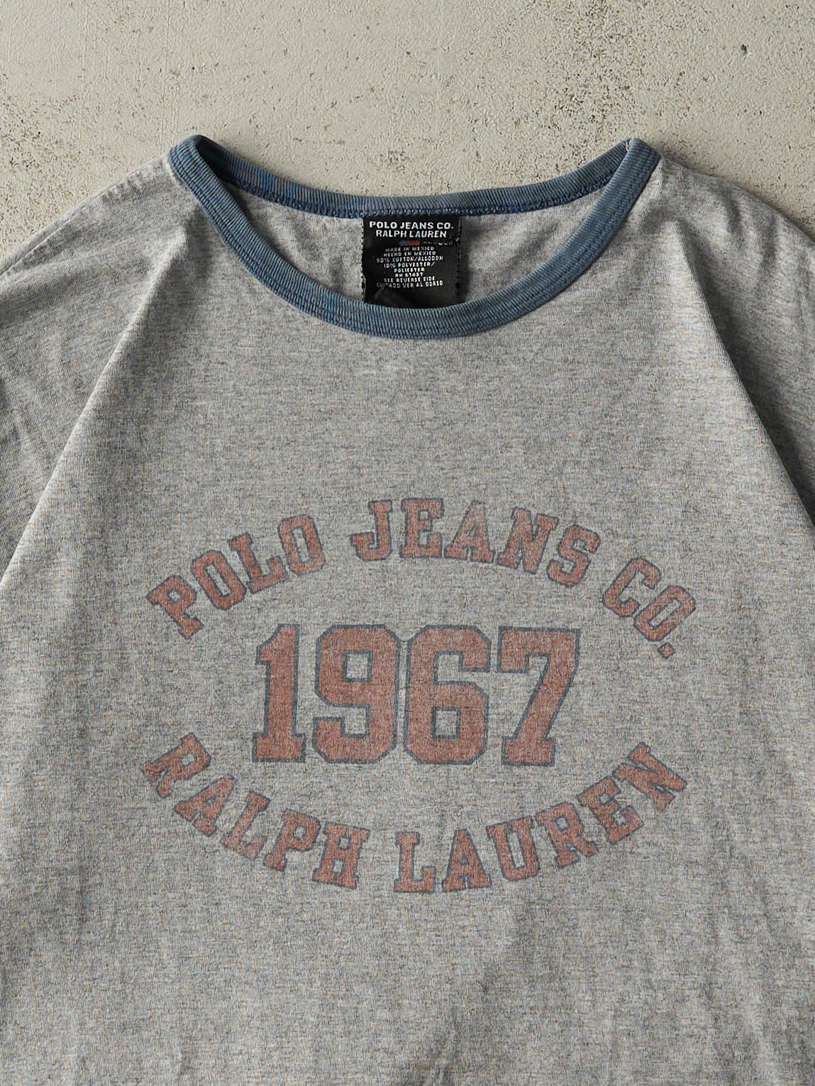 Vintage Y2K Grey & Blue Polo Jeans Co Ralph Lauren Ringer Tee (L)