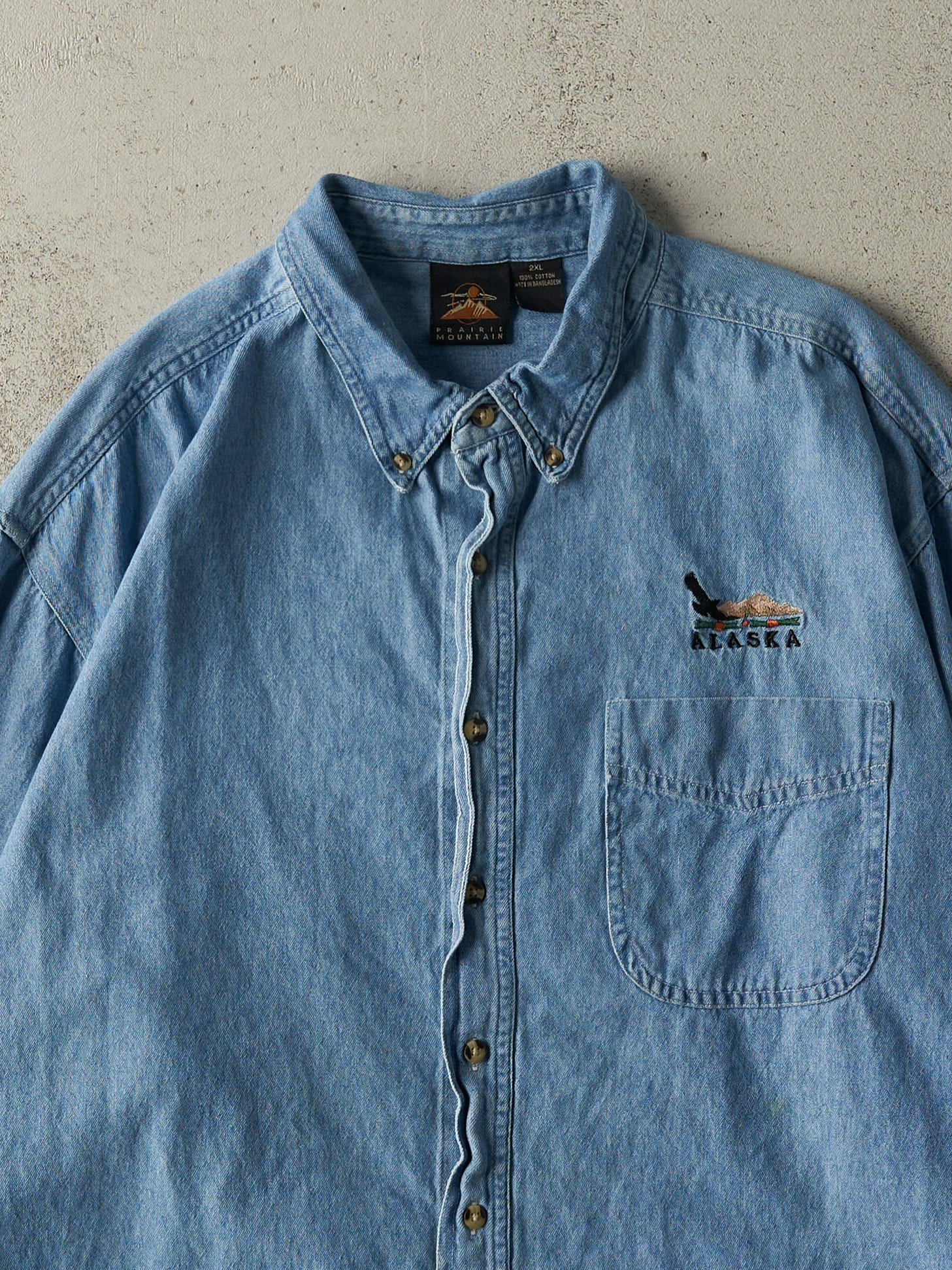 Vintage 90s Mid Wash Embroidered Alaska Denim Button Up (XL)