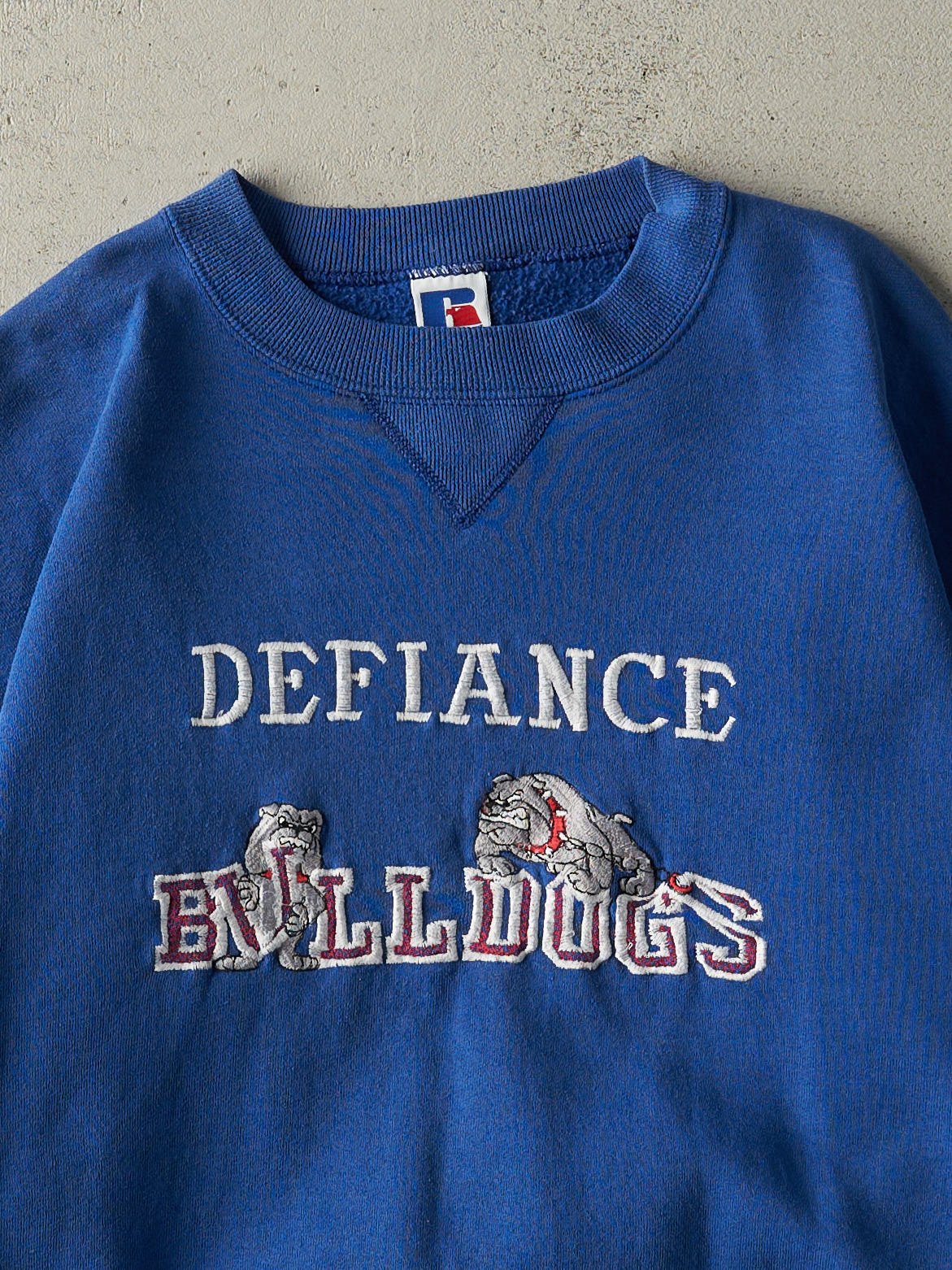Vintage 90s Blue Embroidered Defiance Bulldogs Russell Athletic Crewneck (L/XL)