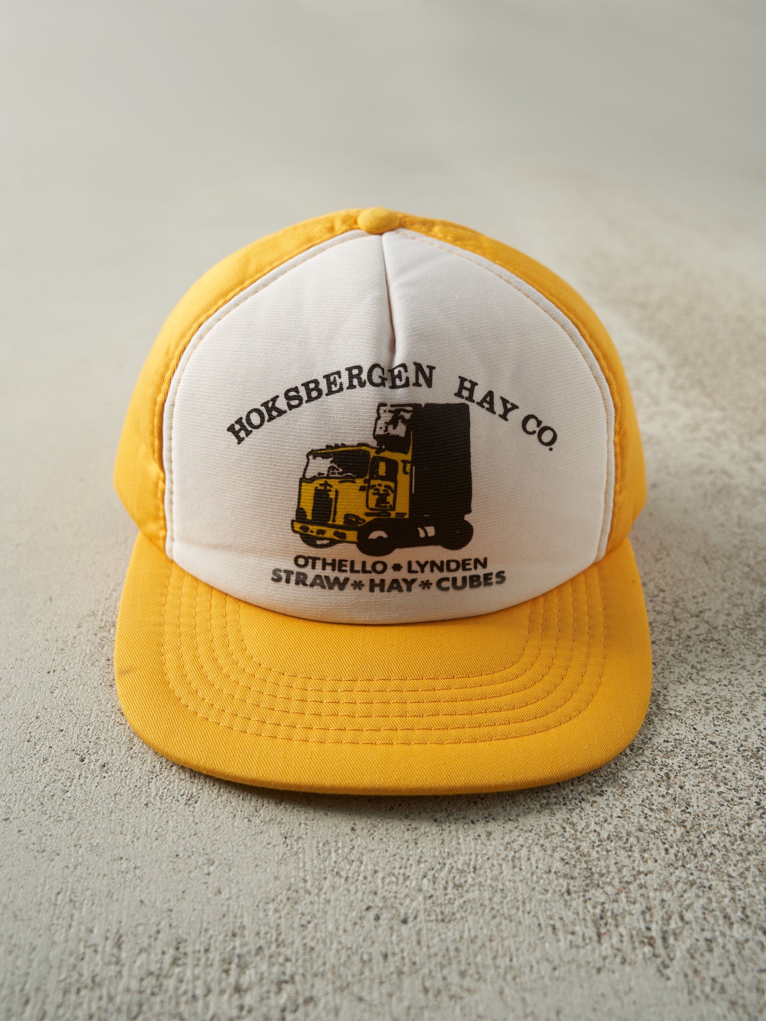 Vintage 80s Yellow & White Hoksbergen Hay Co. Foam Snapback Hat