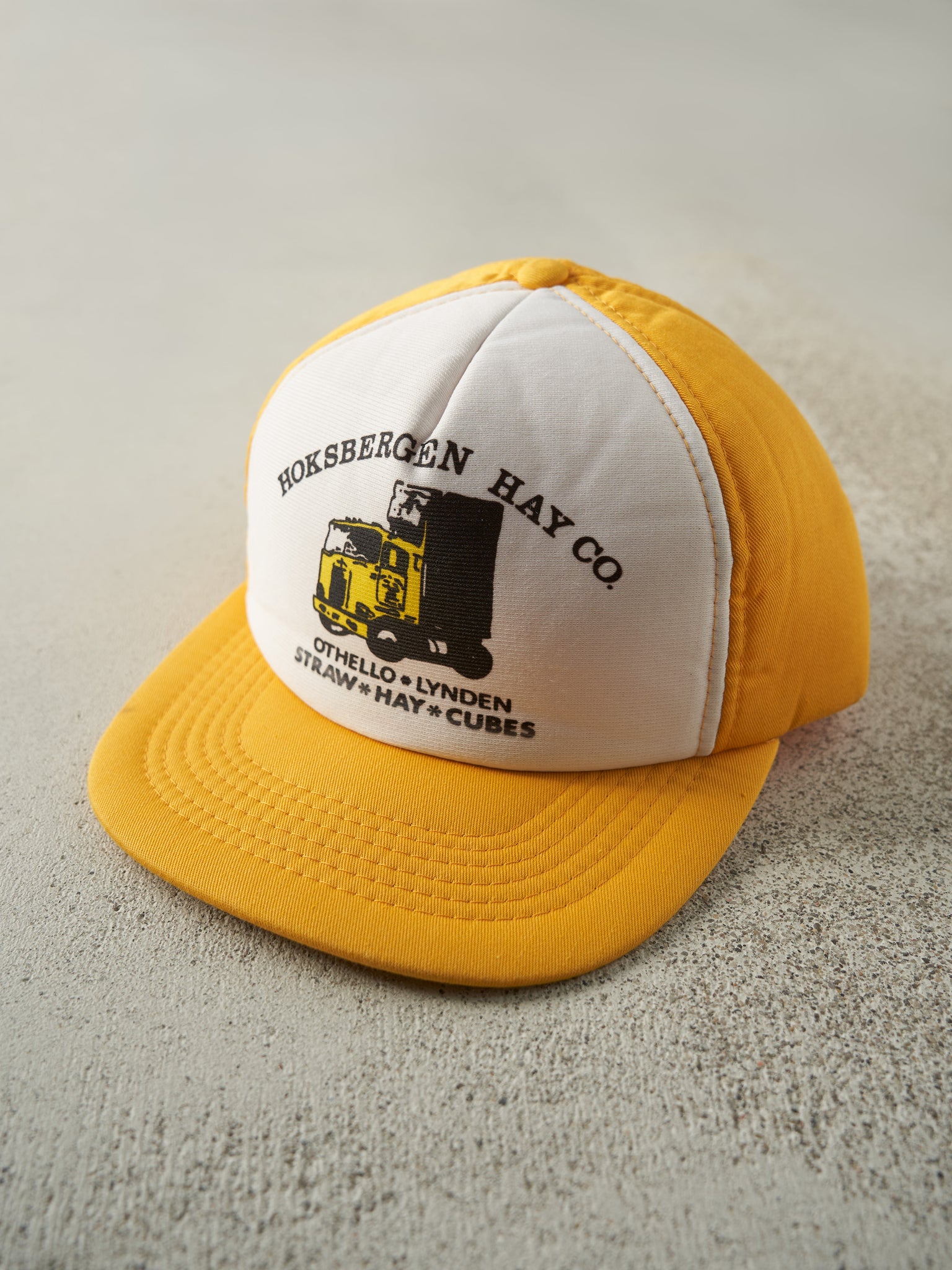 Vintage 80s Yellow & White Hoksbergen Hay Co. Foam Snapback Hat