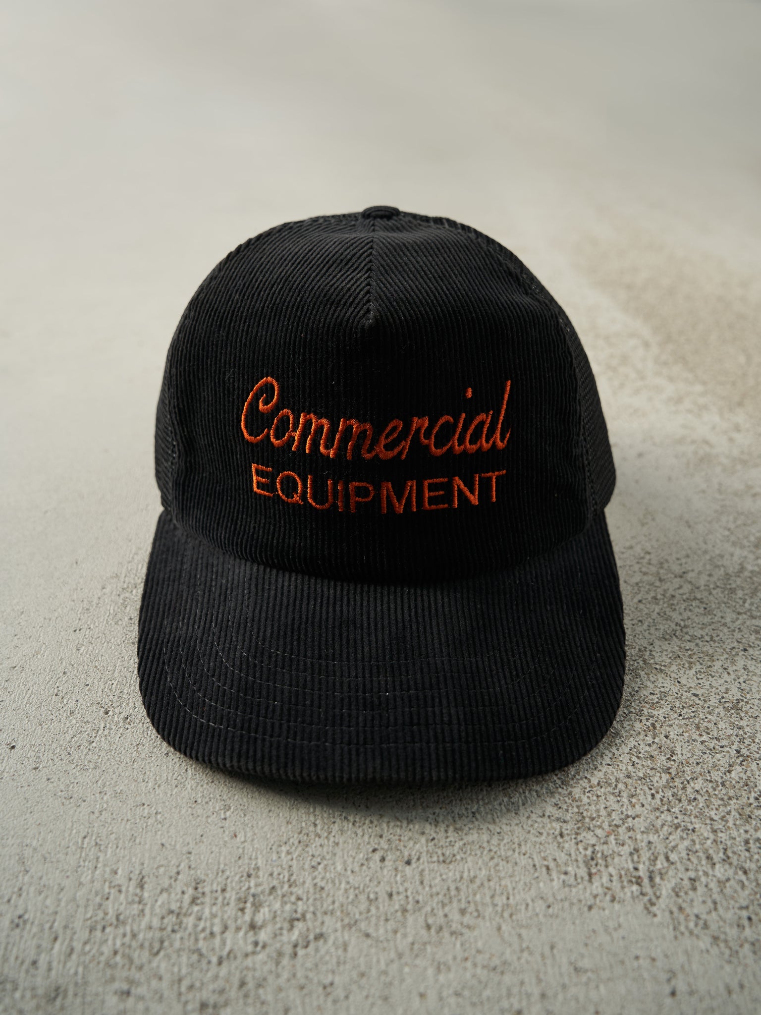 Vintage 80s Black Commercial Equipment Embroidered Corduroy Trucker Hat