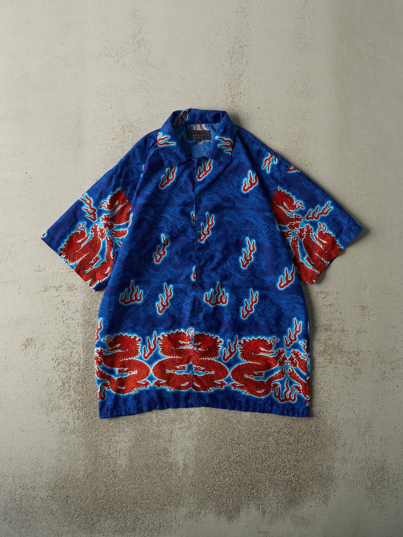 Vintage Y2K Blue Dragon Print Button Up Tee (L)