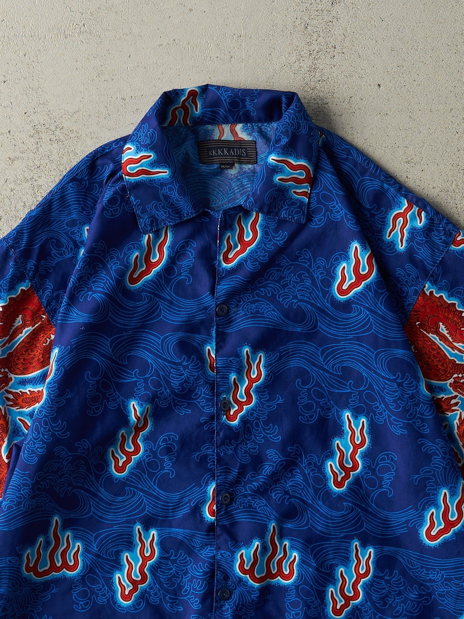 Vintage Y2K Blue Dragon Print Button Up Tee (L)