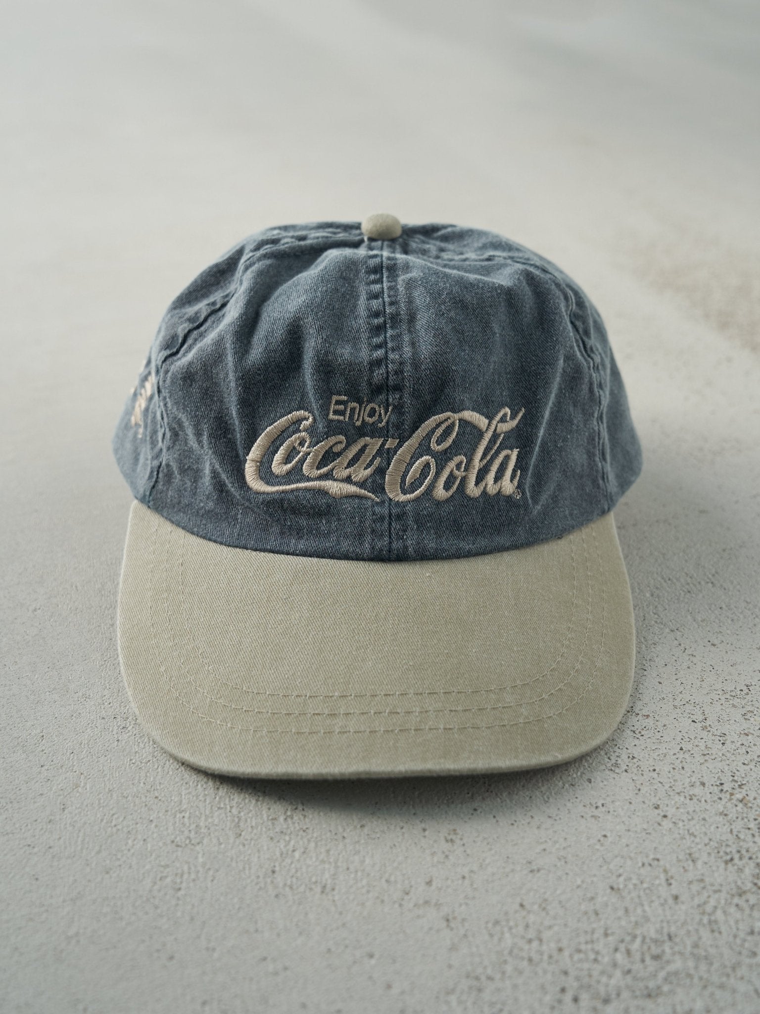 Vintage 90s Blue & Beige Coca Cola Leather Strapback Hat
