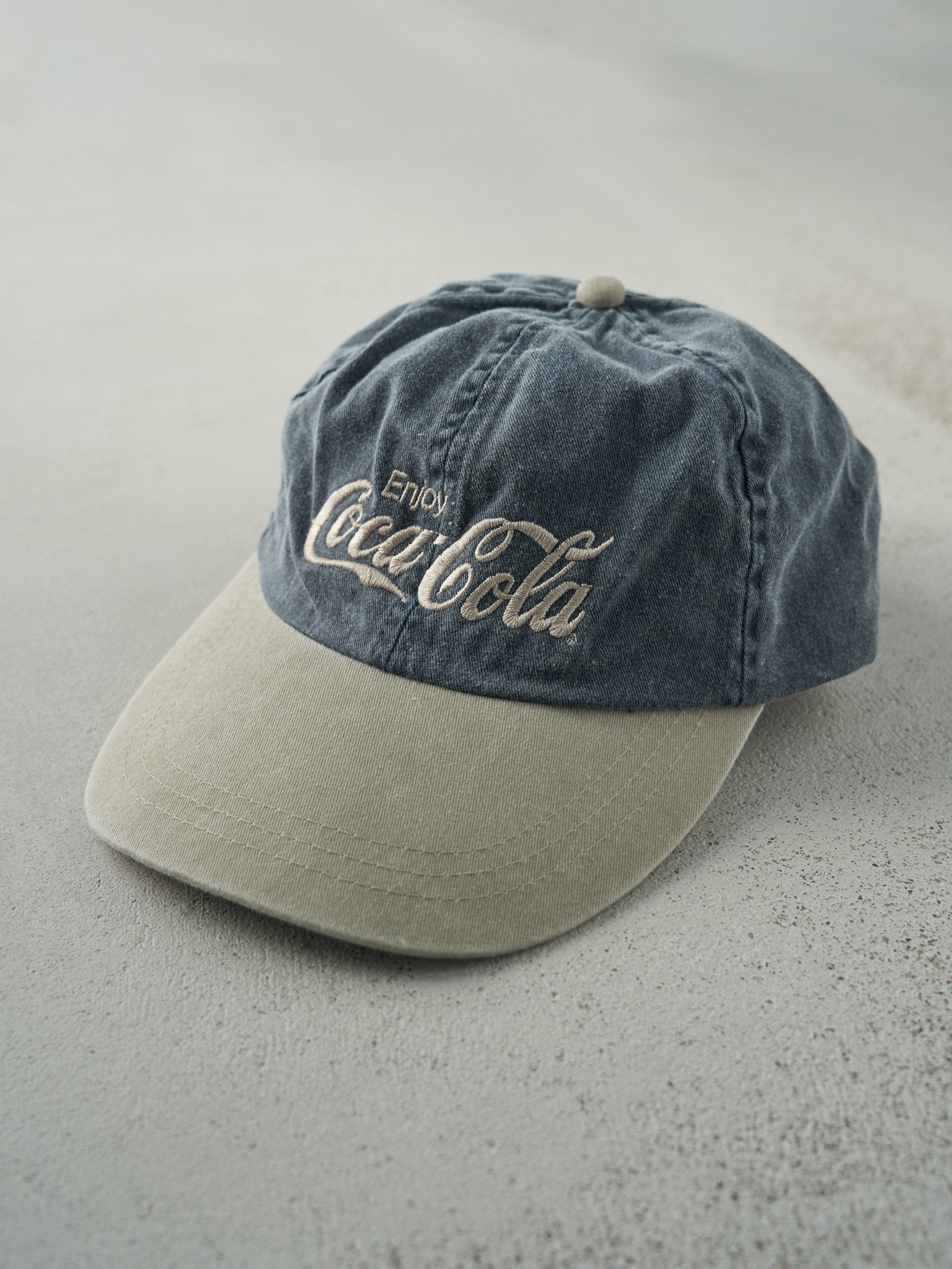 Vintage 90s Blue & Beige Coca Cola Leather Strapback Hat