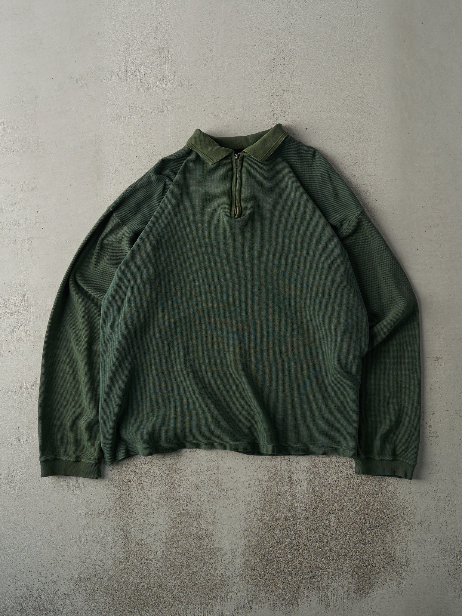 Vintage Y2K Green Quarter Zip Waffle Knit Boxy Sweater (XL)