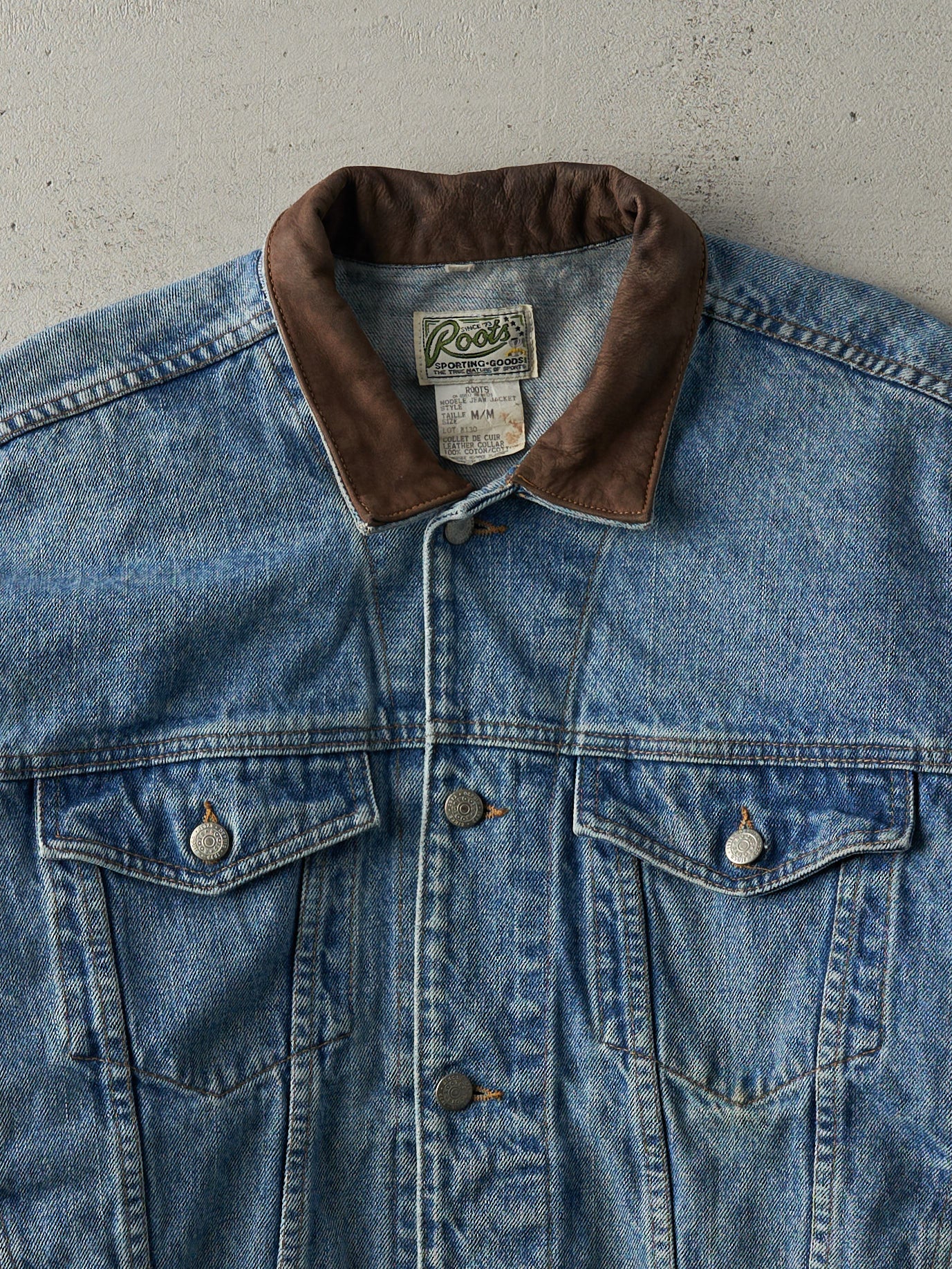 Vintage 90s Light Wash Roots Leather Collared Denim Jacket (L)