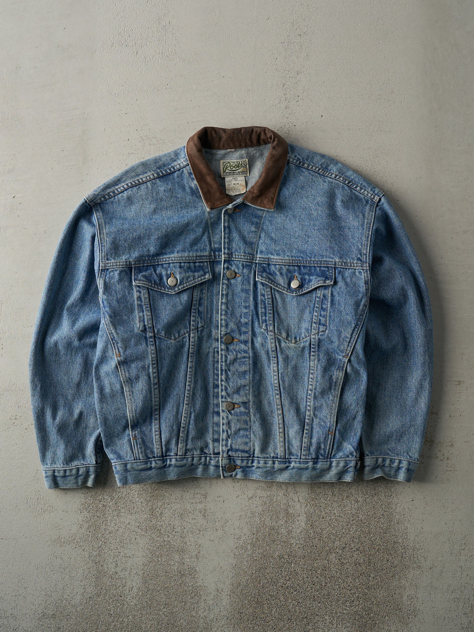 Vintage 90s Light Wash Roots Leather Collared Denim Jacket (L)