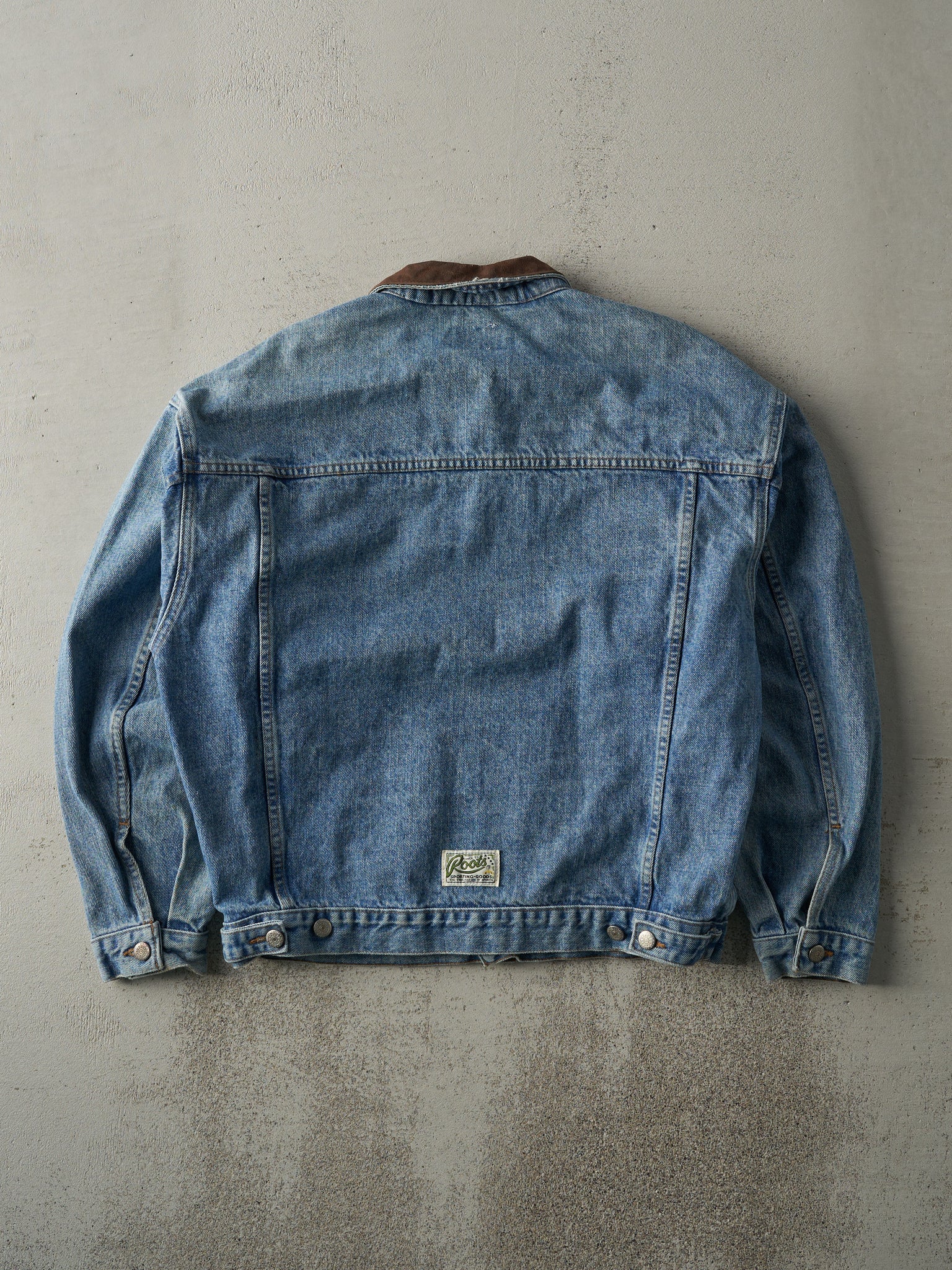 Vintage 90s Light Wash Roots Leather Collared Denim Jacket (L)