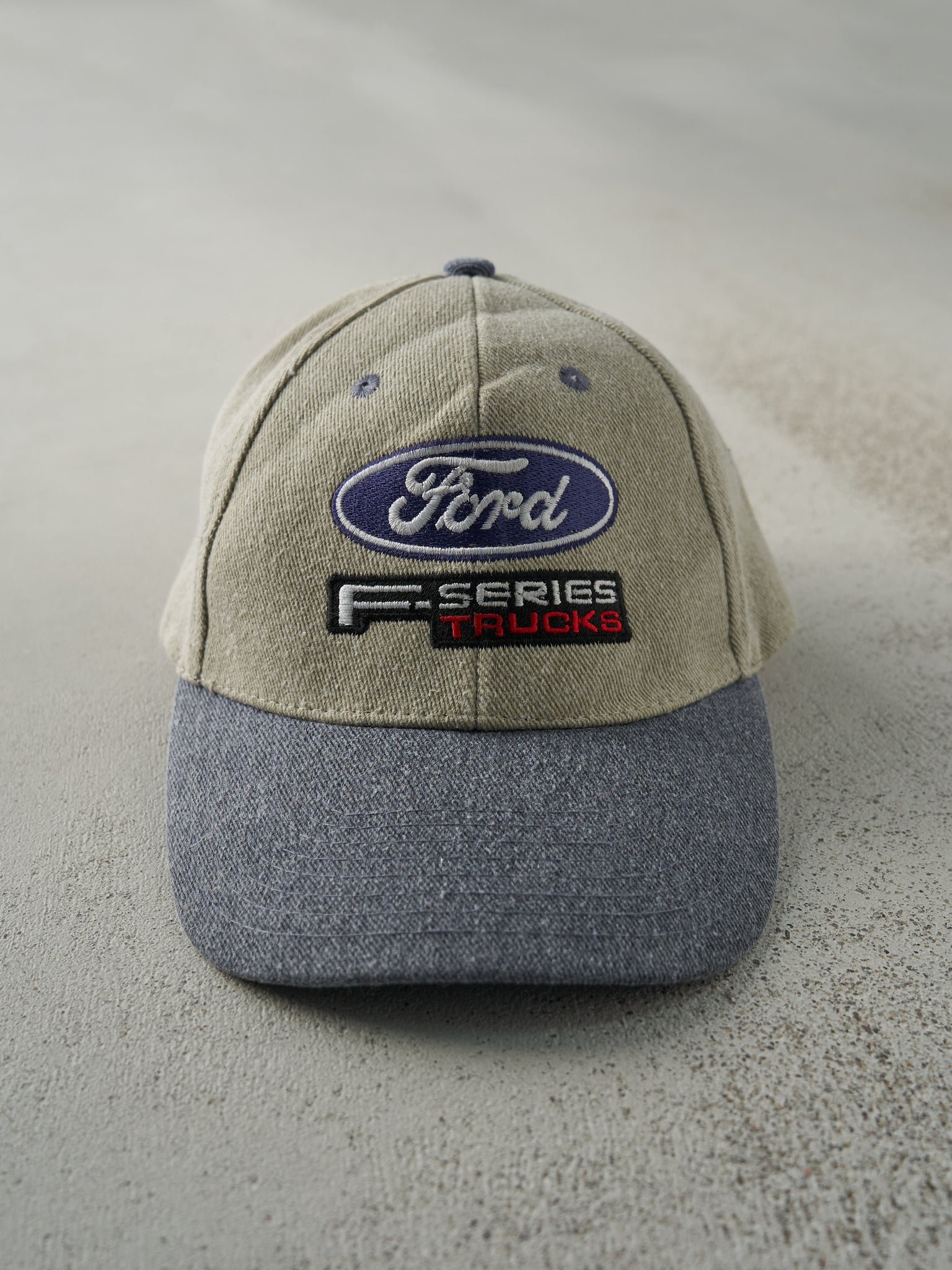 Vintage Y2K Beige & Blue Embroidered Ford F-Series Trucks Velcro Back Hat