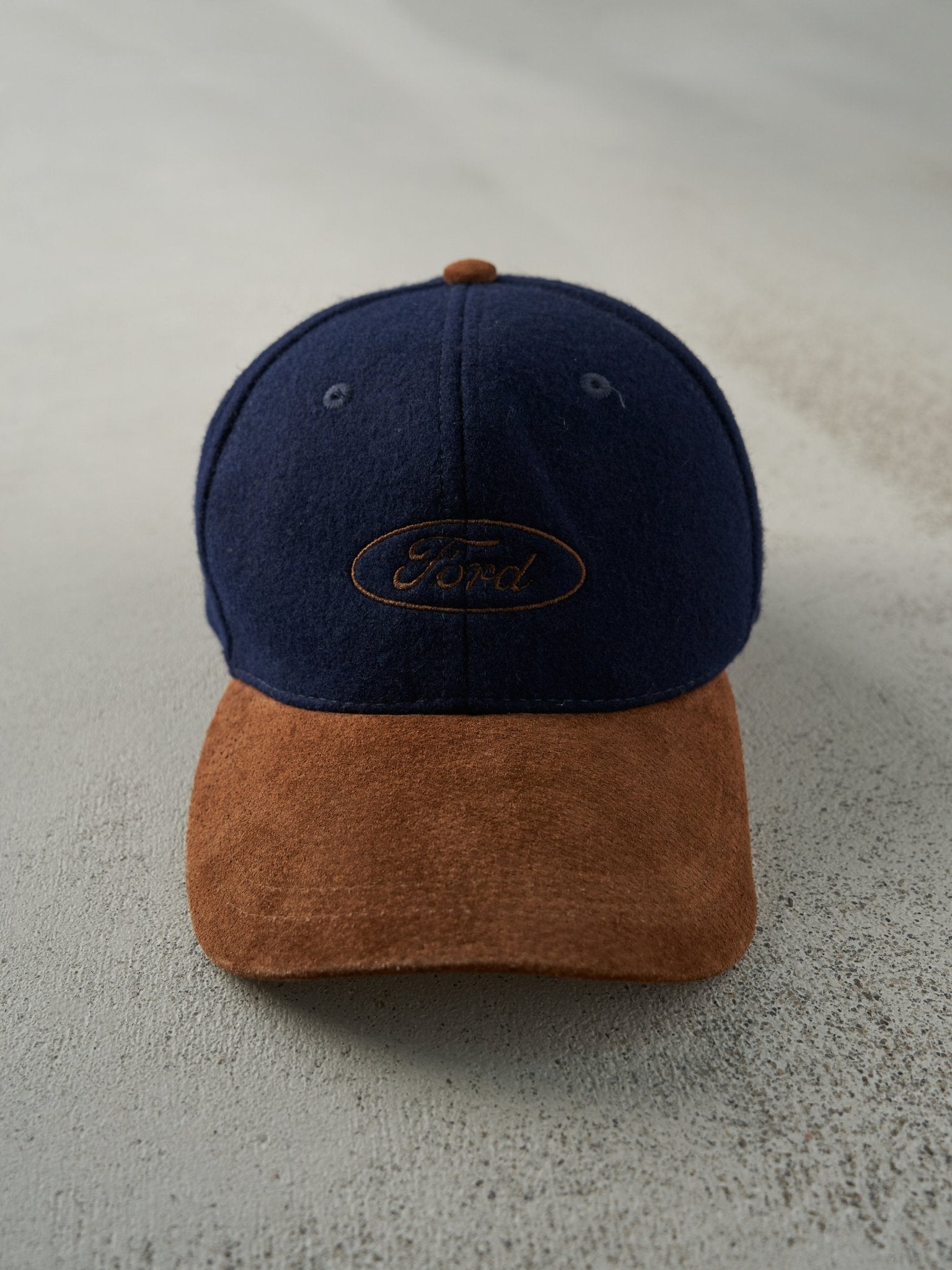 Vintage 90s Navy Blue Ford Logo Wool & Suede Velcro Hat