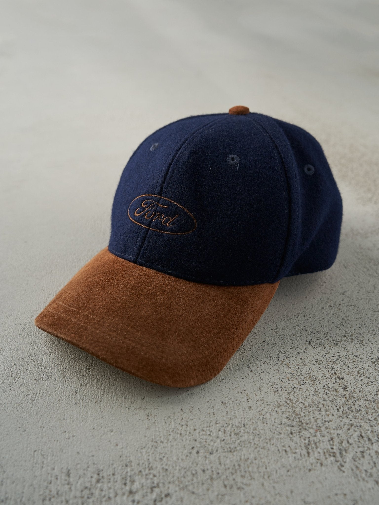 Vintage 90s Navy Blue Ford Logo Wool & Suede Velcro Hat