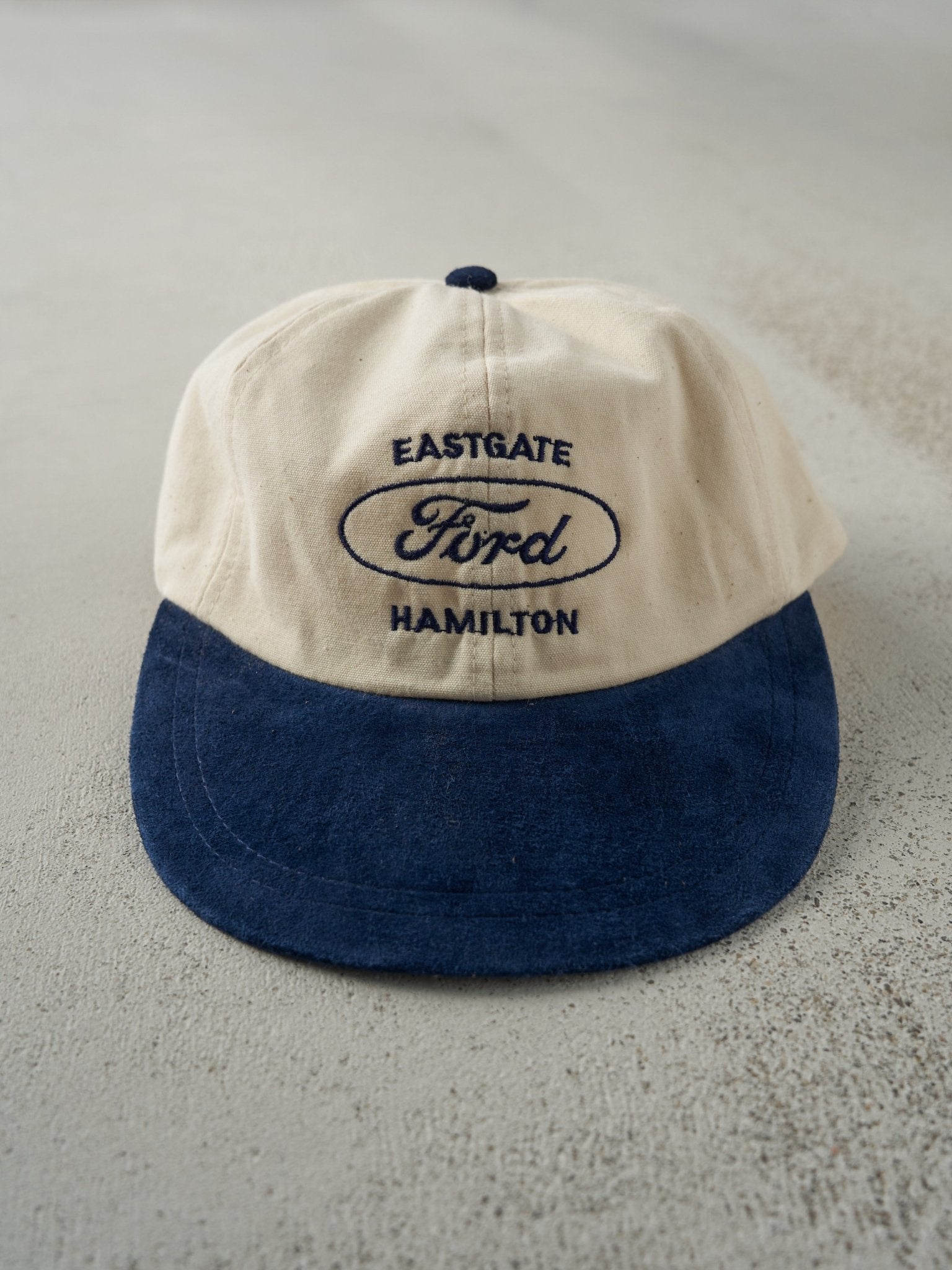 Vintage 80s Beige & Navy Eastgate Hamilton Ford Suede Leather Strapback Hat
