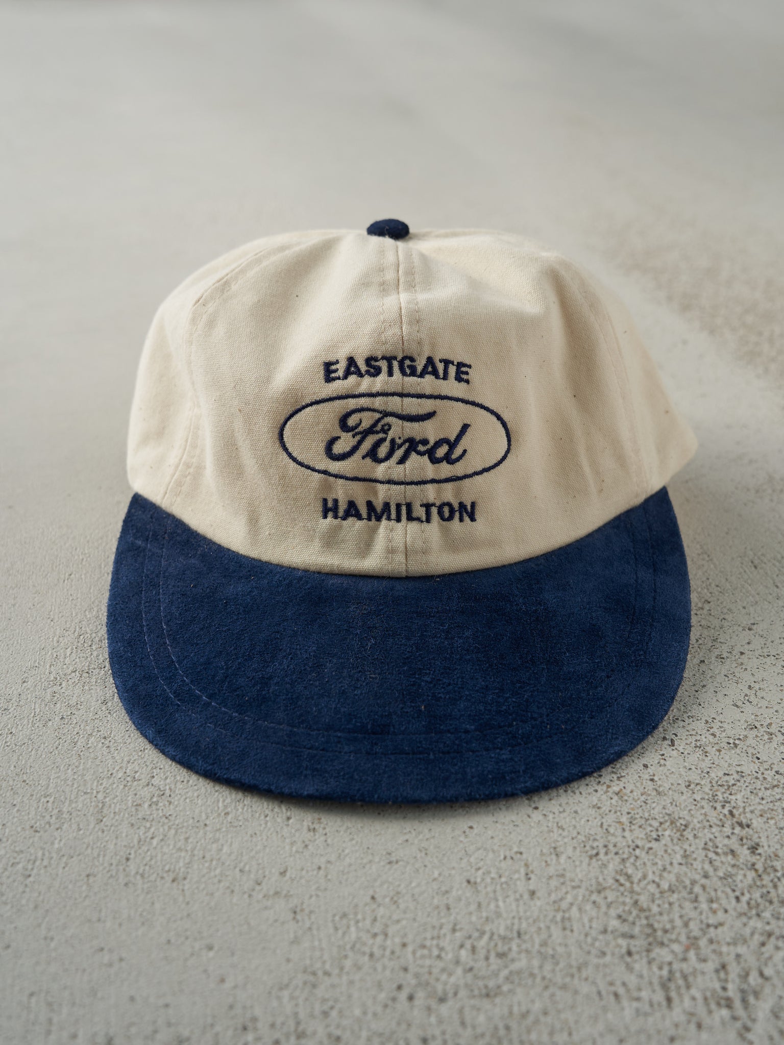 Vintage 80s Beige & Navy Eastgate Hamilton Ford Suede Leather Strap Back Hat