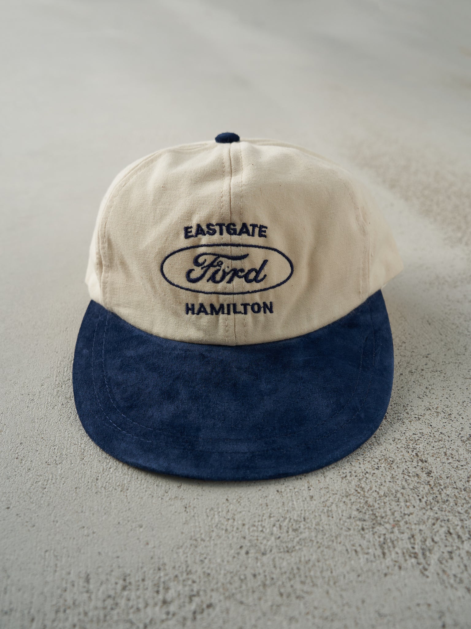 Vintage 80s Beige & Navy Eastgate Hamilton Ford Suede Leather Strap Back Hat