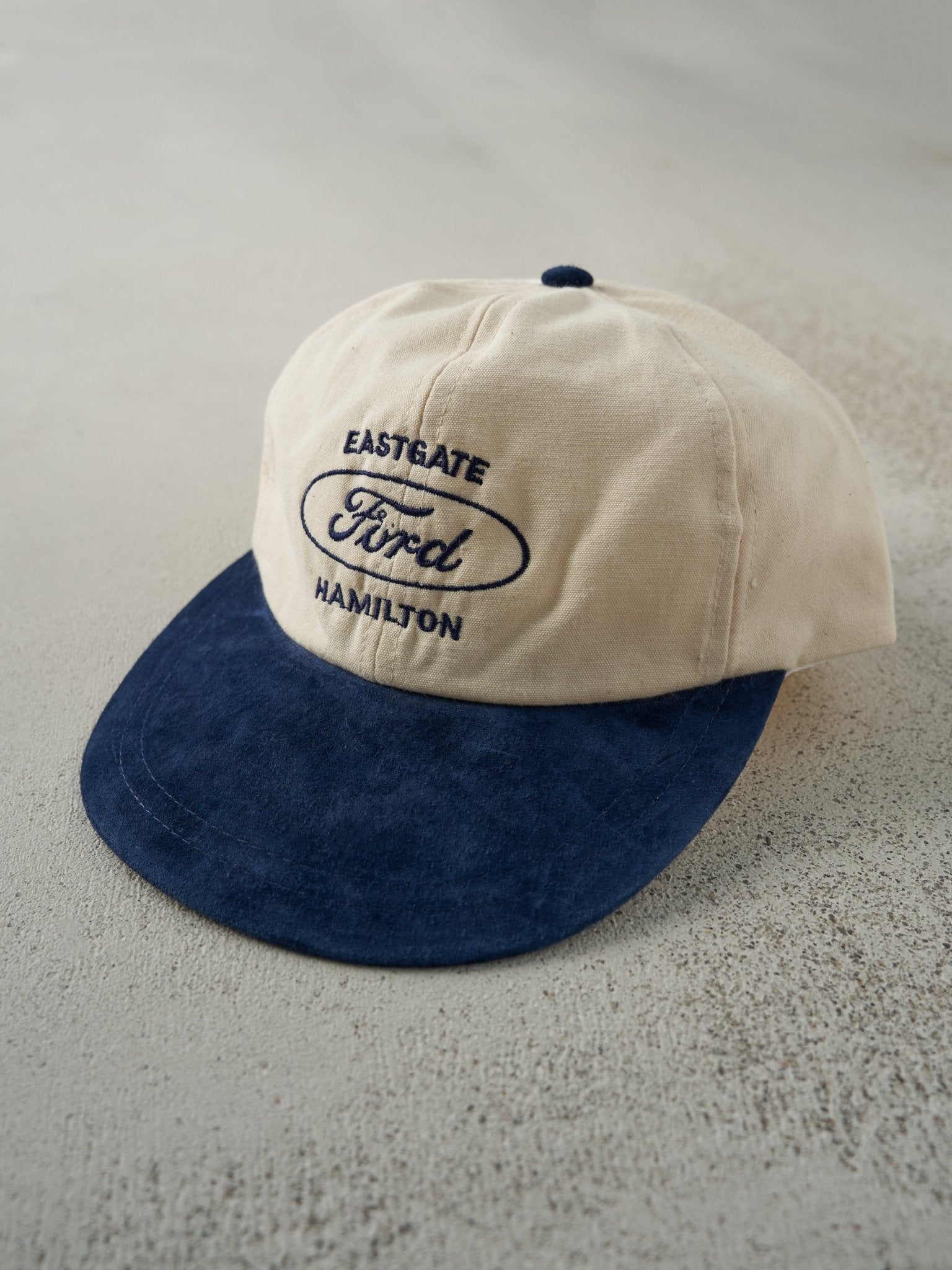 Vintage 80s Beige & Navy Eastgate Hamilton Ford Suede Leather Strapback Hat