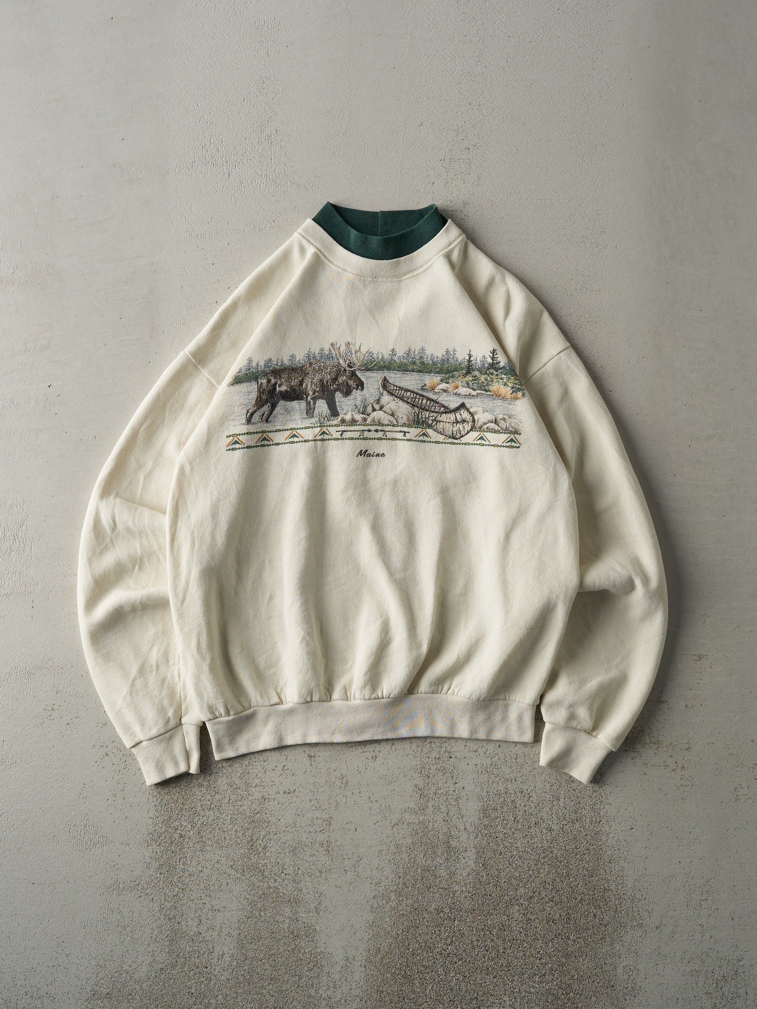 Vintage 90s Cream Maine Nature Scene Double Neck Crewneck (L)