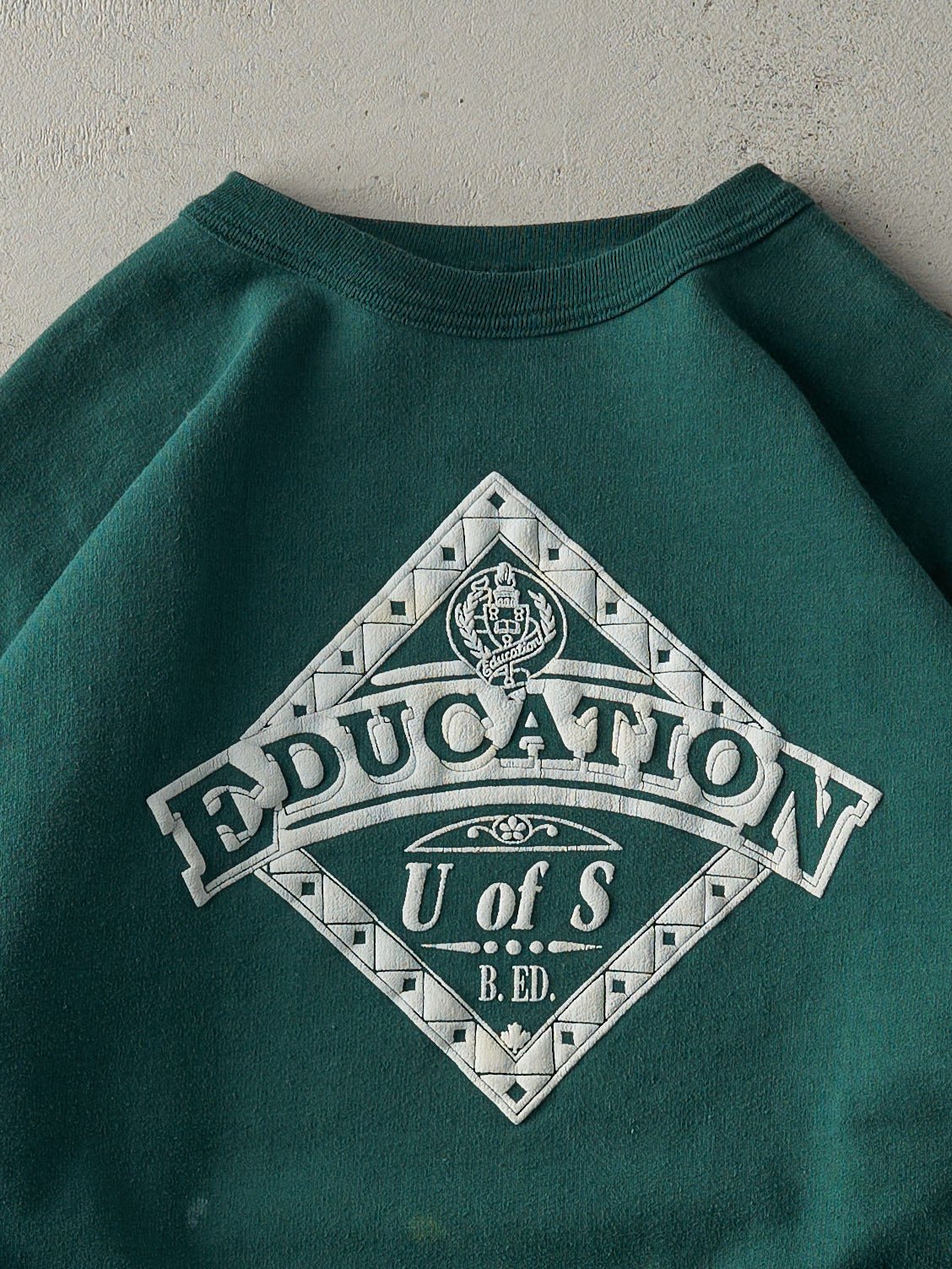 Vintage 80s Forest Green U of S Education Puff Print Crewneck (L)
