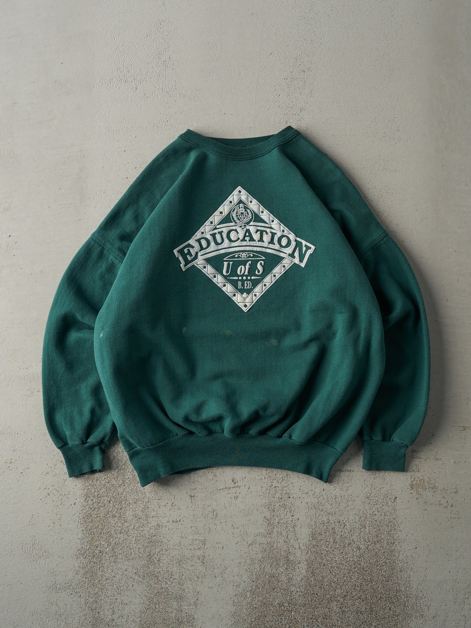 Vintage 80s Forest Green U of S Education Puff Print Crewneck (L)