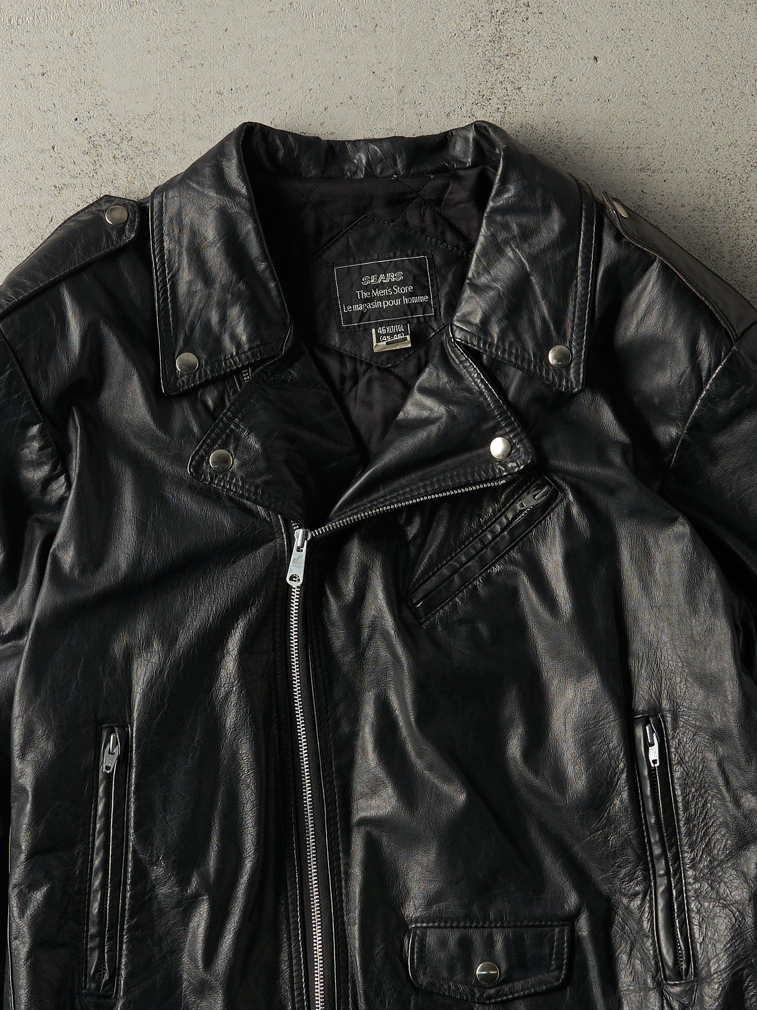 Vintage 90s Black Sears Leather Biker Jacket (L)