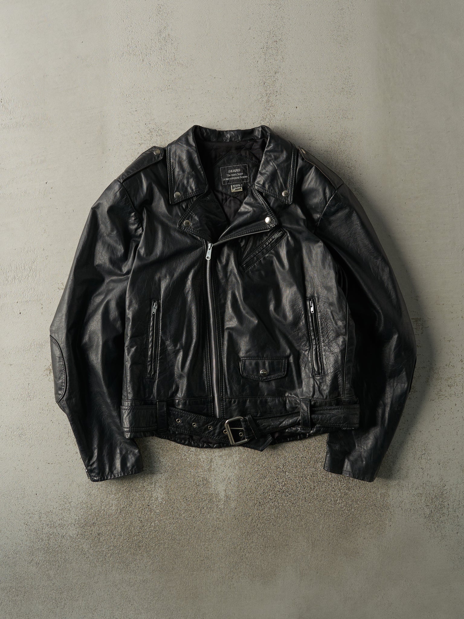 Vintage 90s Black Sears Leather Biker Jacket (L)