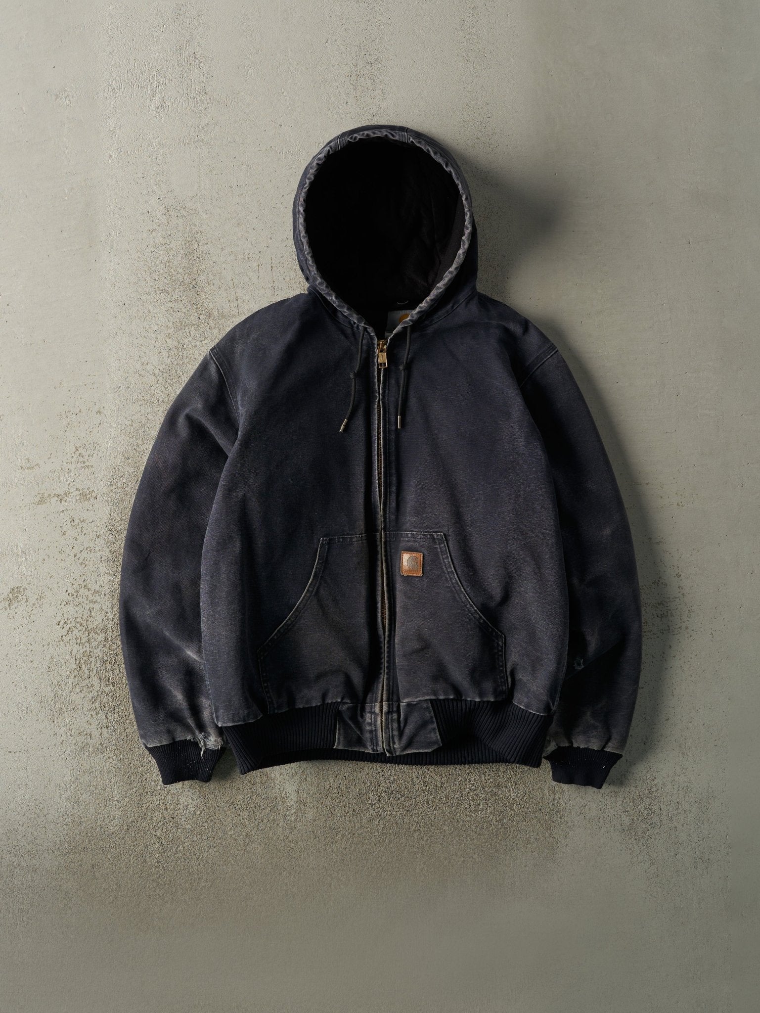 Vintage Y2K Sun Faded Navy Blue Active Hooded Carhartt Quilt Lined Jacket (M/L)