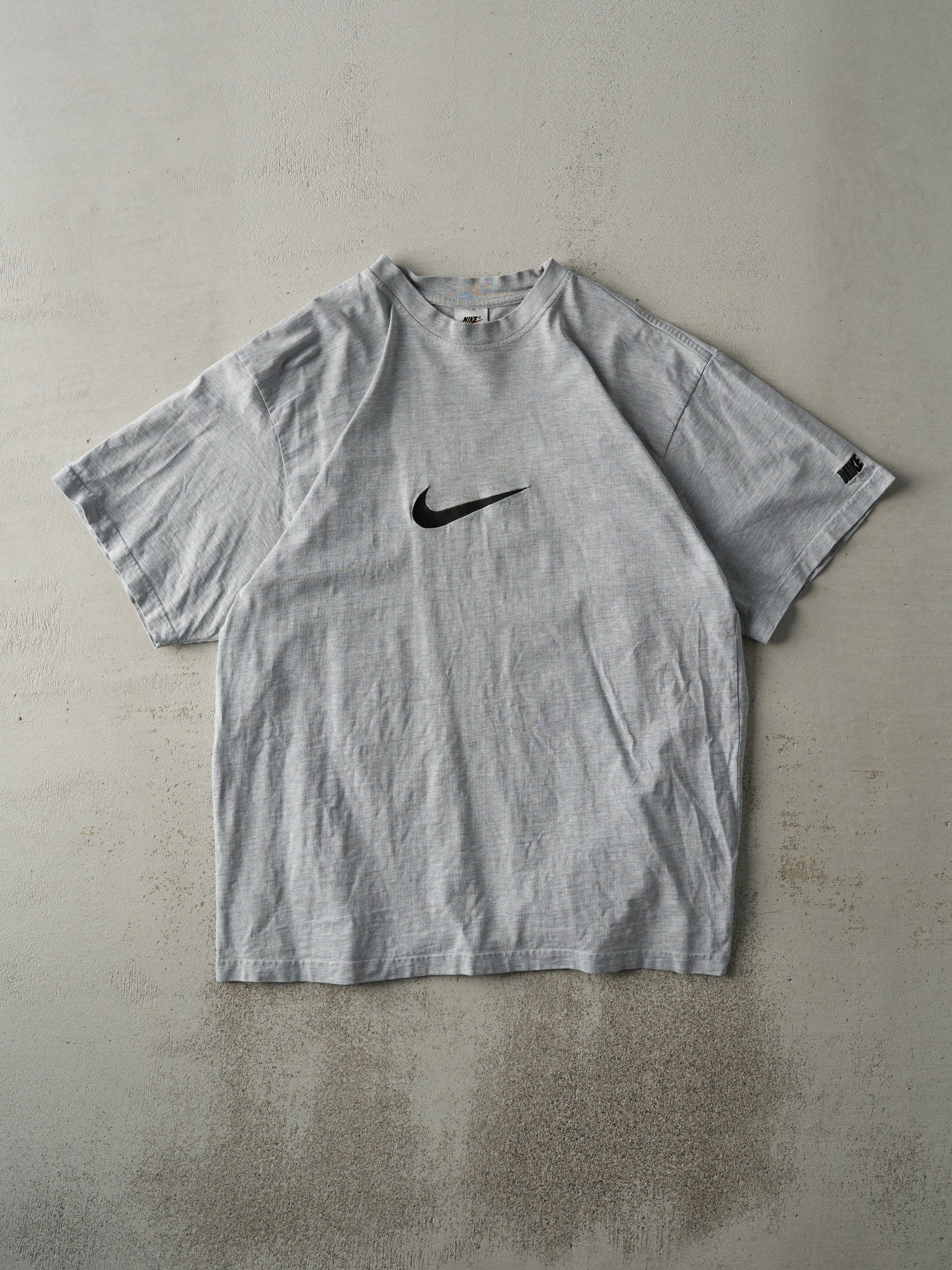 Vintage 90s Heather Grey Embroidered Nike Big Swoosh Tee (M/L)