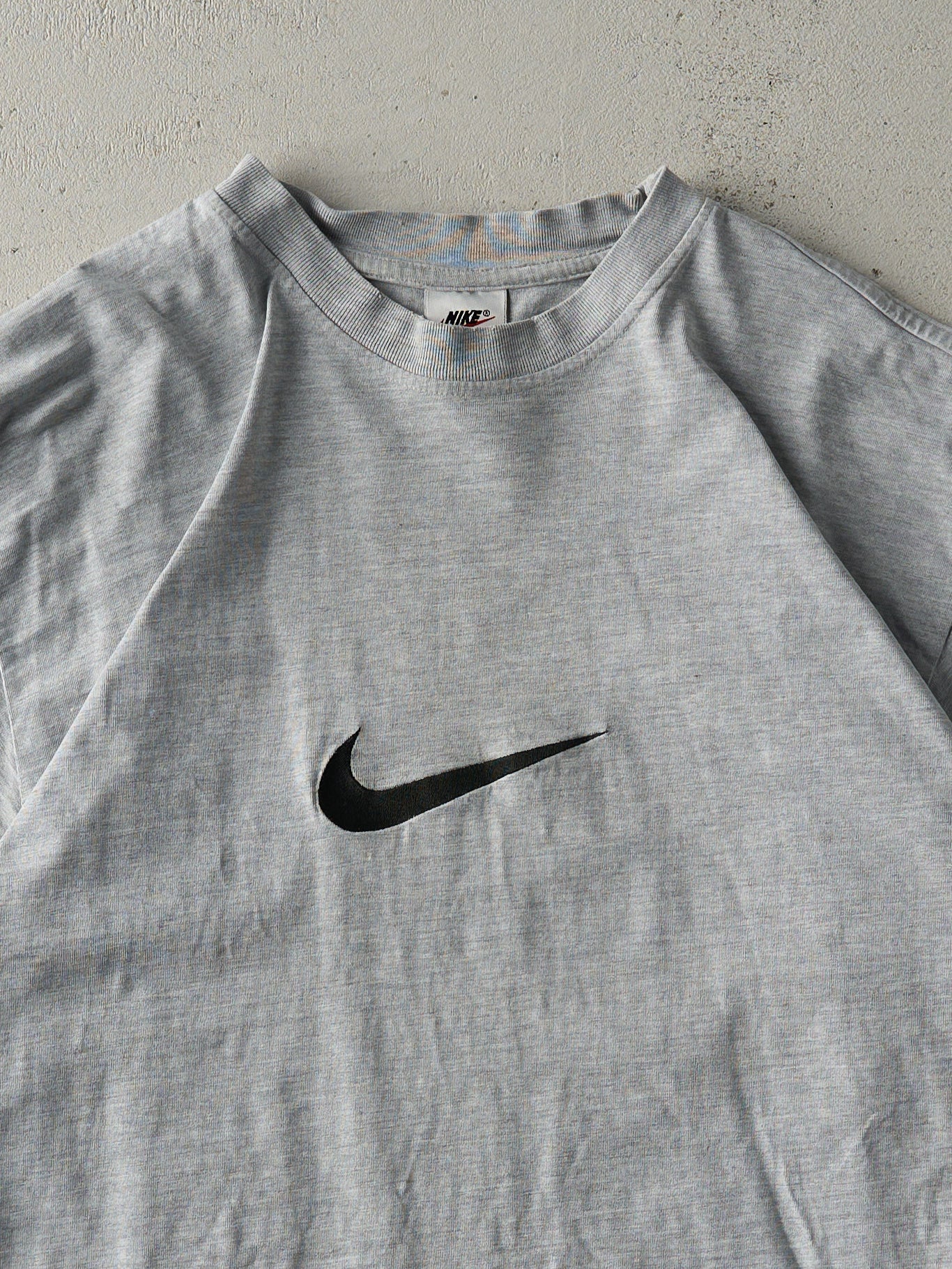 Vintage 90s Heather Grey Embroidered Nike Big Swoosh Tee (M/L)