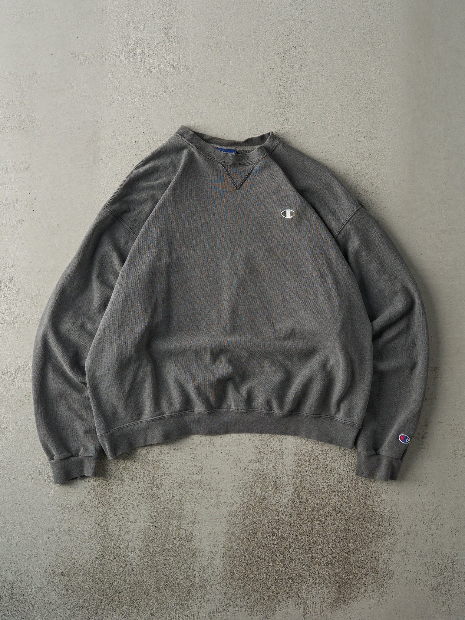 Vintage Y2K Charcoal Grey Embroidered Champion Boxy Crewneck (L)