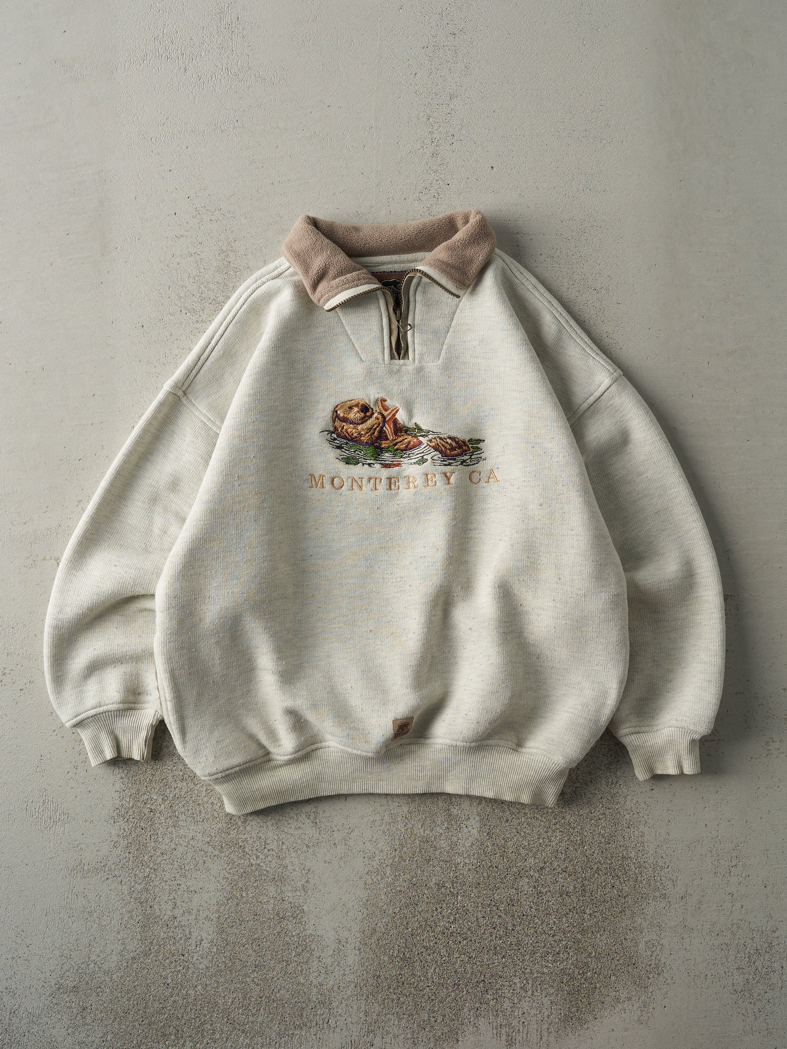 Vintage 90s Beige Embroidered Monterey CA Boxy Quarter Zip (L)