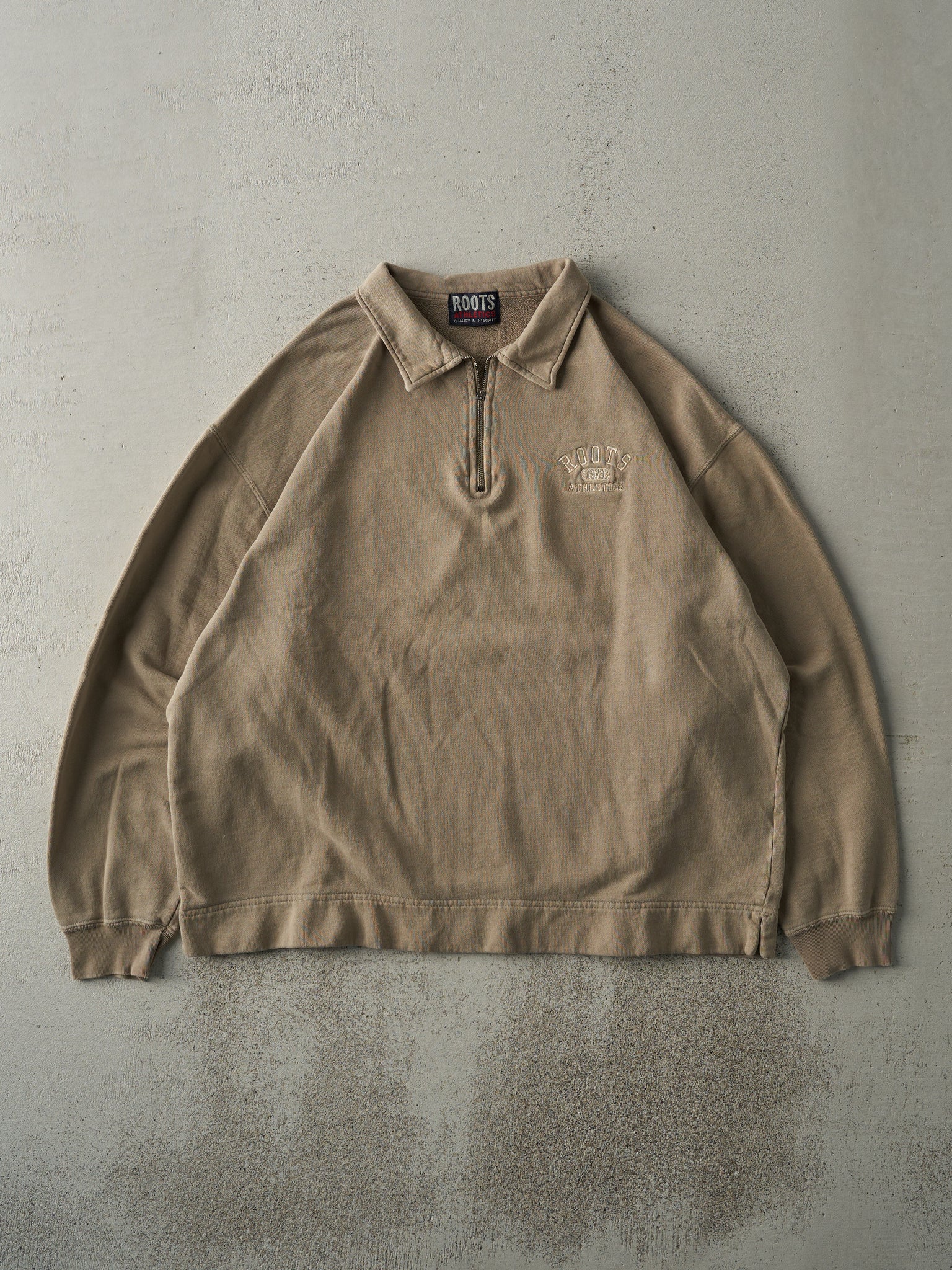 Vintage 90s Beige Embroidered Roots Quarter Zip Crewneck (L)