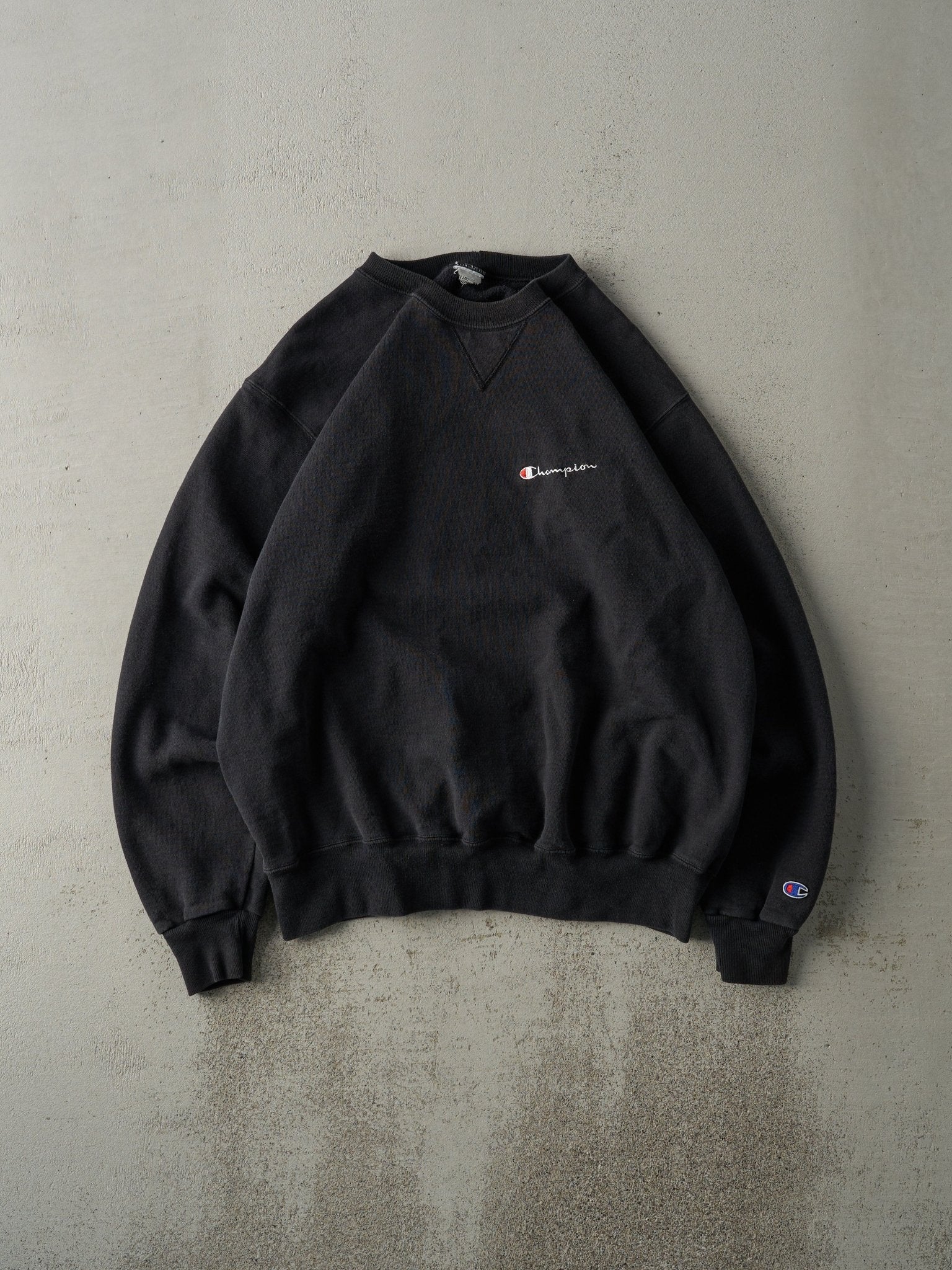 Vintage 90s Faded Black Embroidered Champion Crewneck (L)