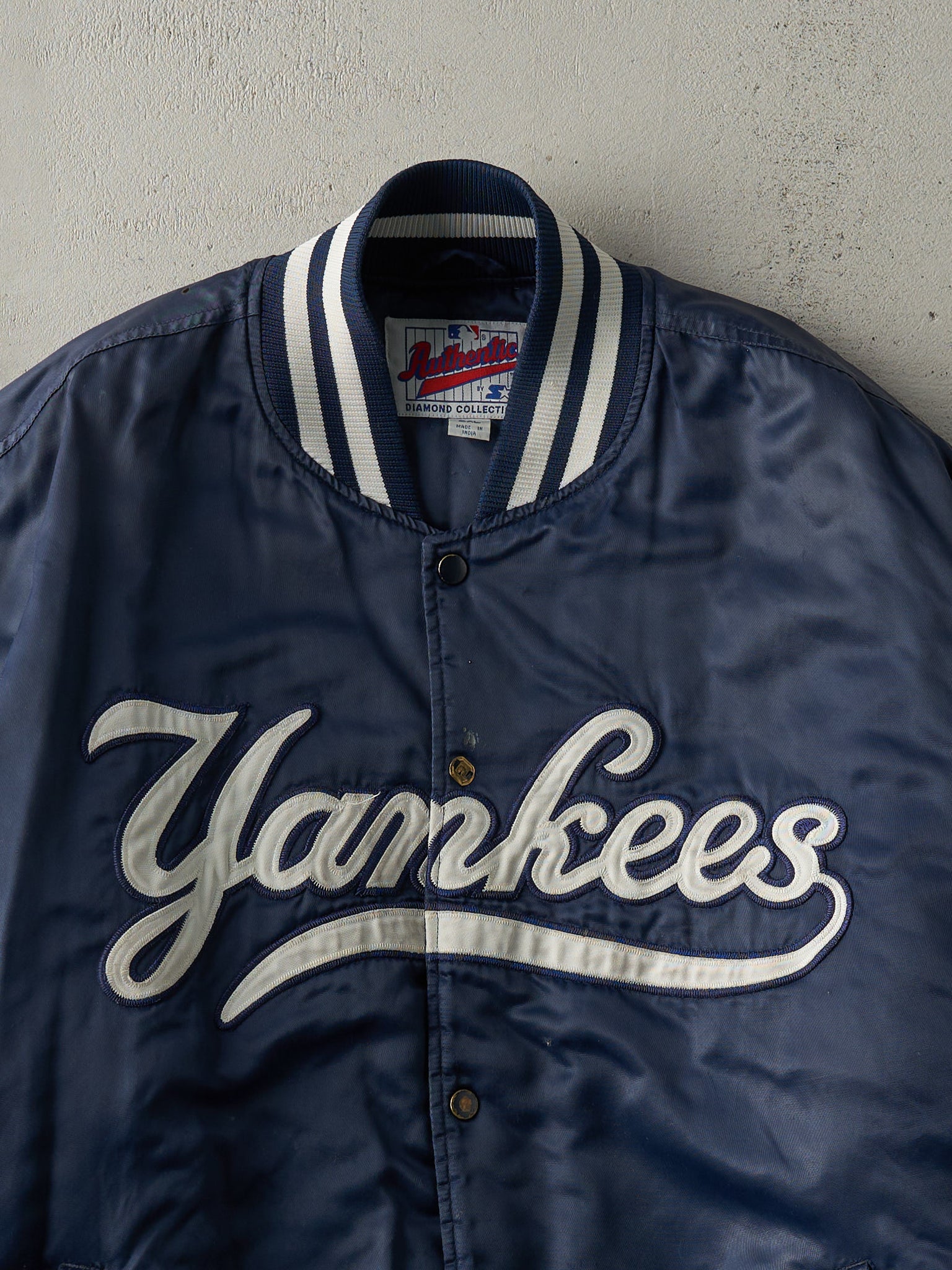 Vintage 90s Navy Blue Yankee Starter Satin Bomber Jacket (XXL)