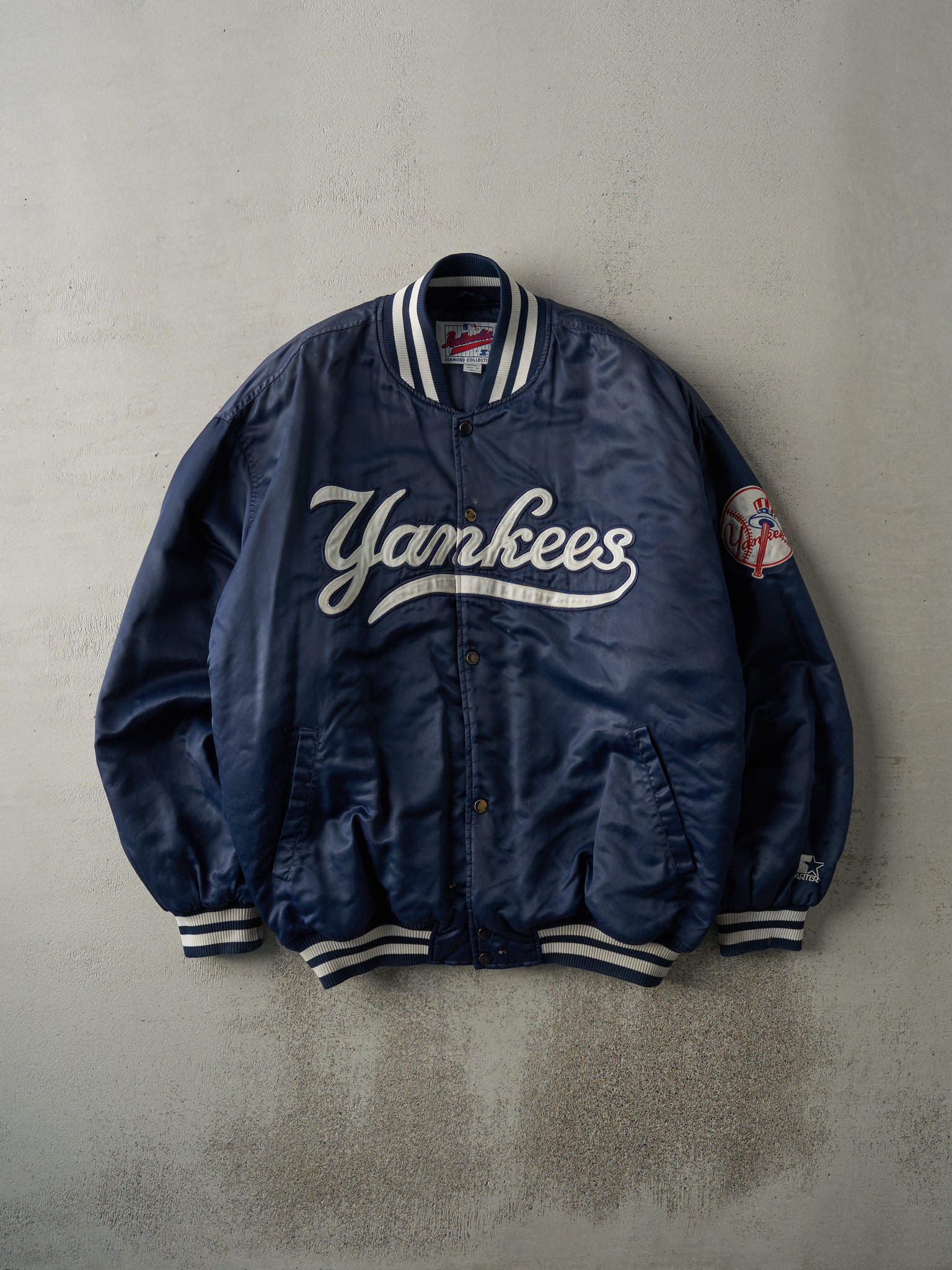 Vintage 90s Navy Blue Yankee Starter Satin Bomber Jacket (XXL)