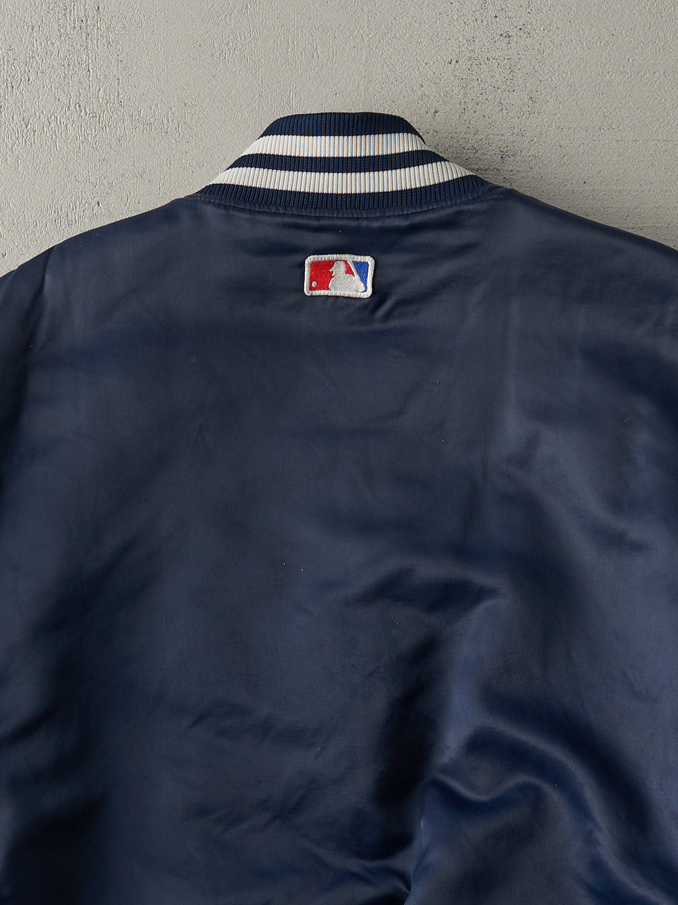 Vintage 90s Navy Blue Yankee Starter Satin Bomber Jacket (XXL)