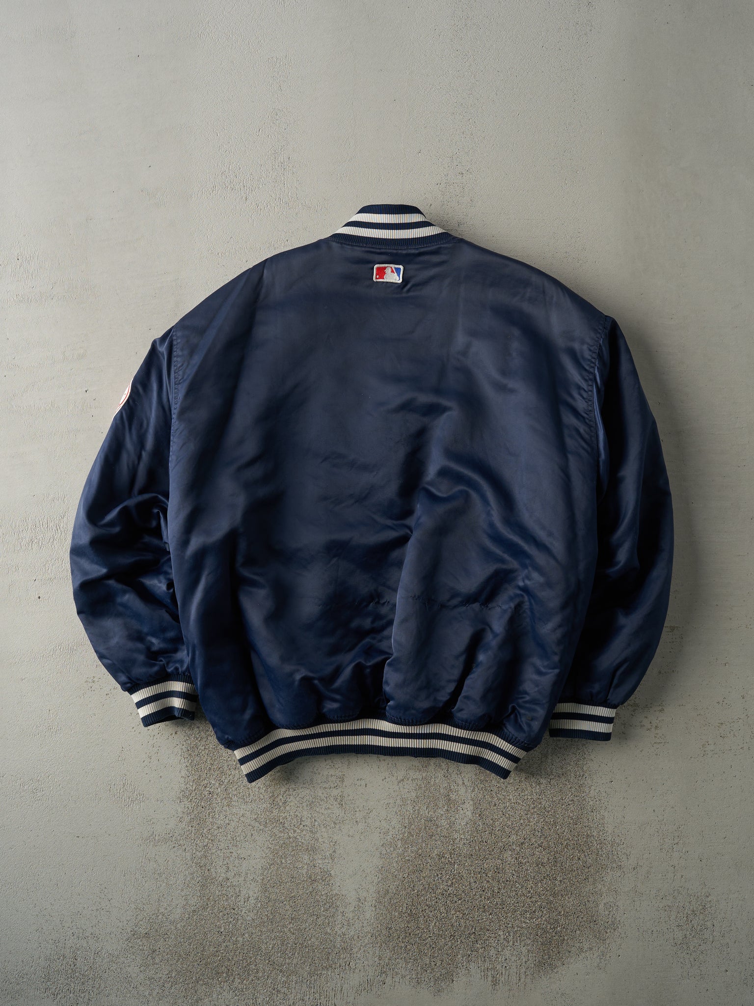 Vintage 90s Navy Blue Yankee Starter Satin Bomber Jacket (XXL)