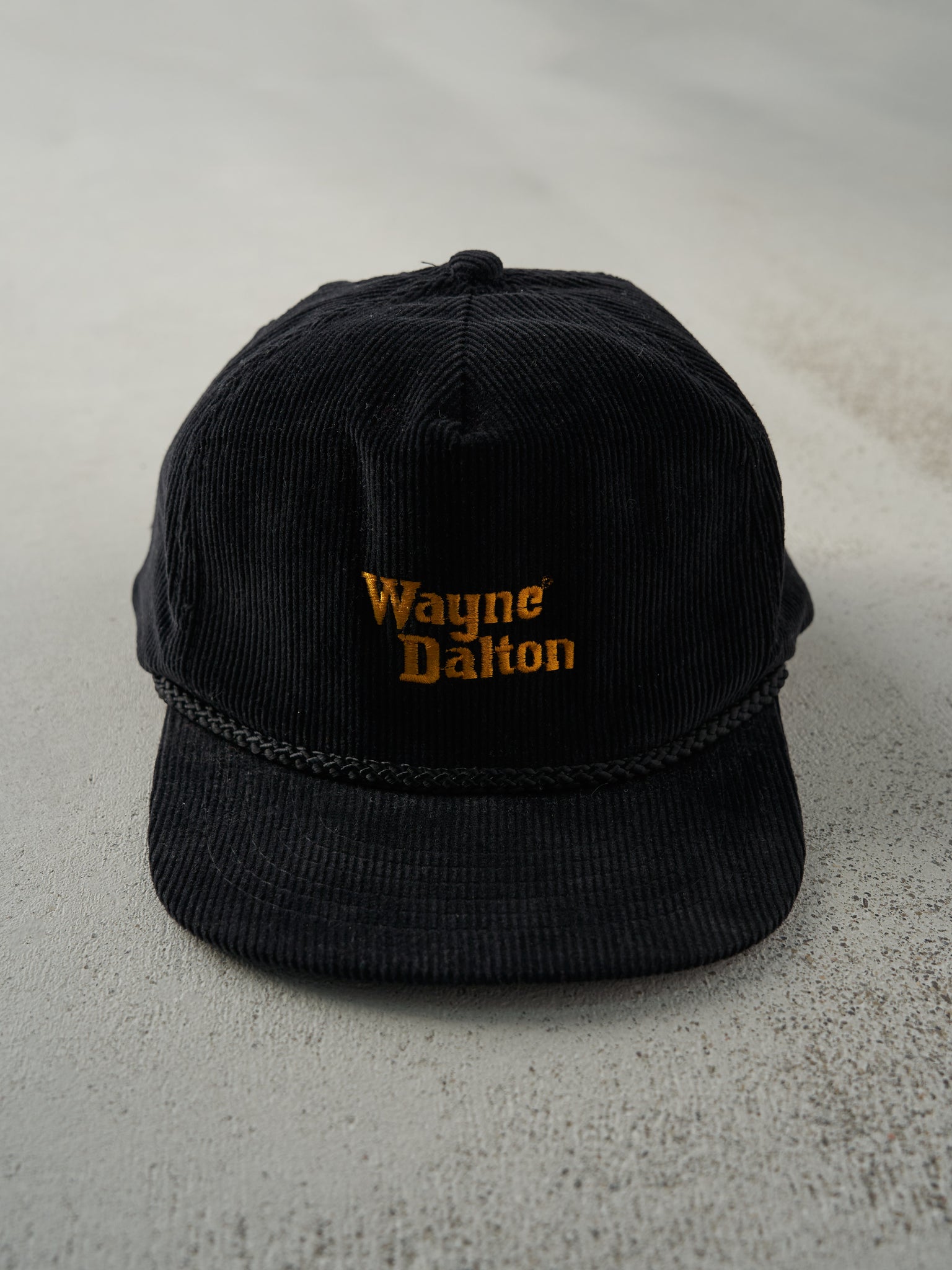 Vintage 80s Black Embroidered Wayne Dalton Corduroy Snapback Hat