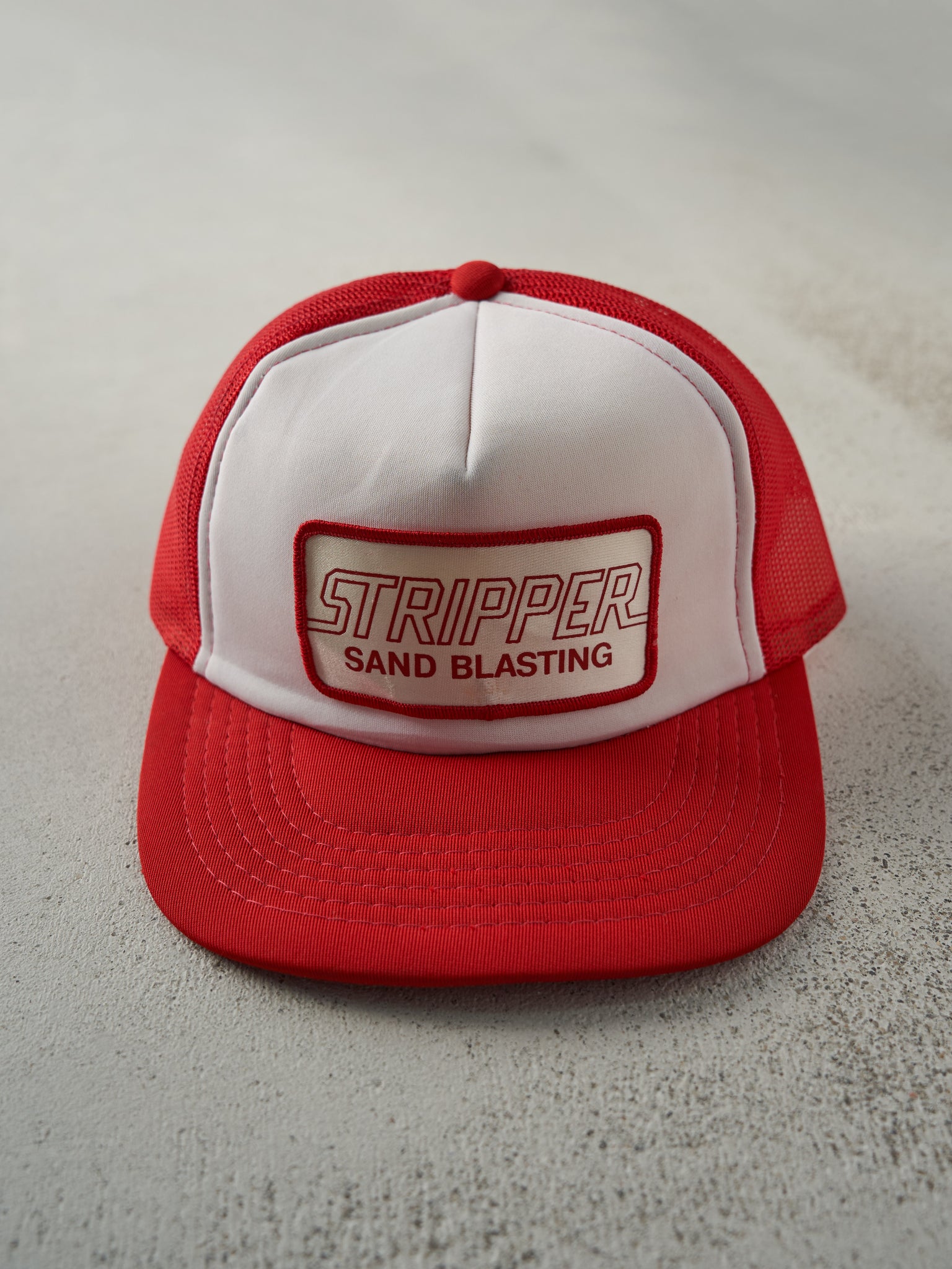 Vintage 80s Red & White Stripper Sand Blasting Foam Trucker Hat